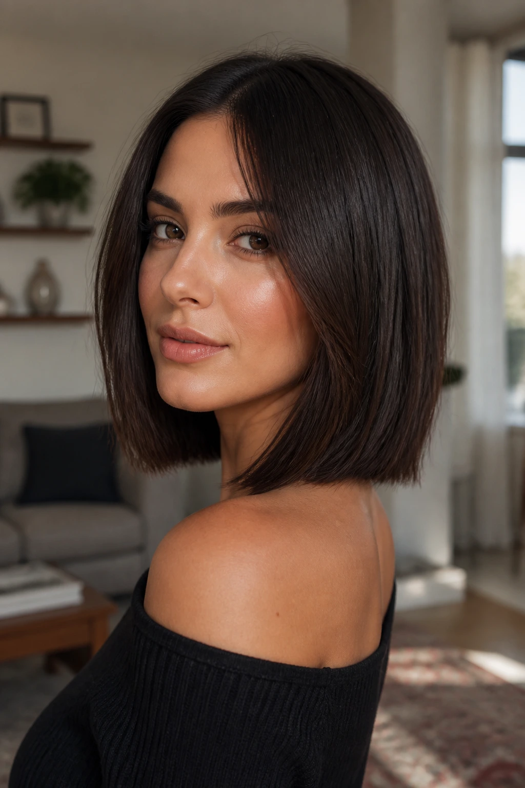 Close-up of brunette woman with blunt lob showing subtle inner movement in warm living room light