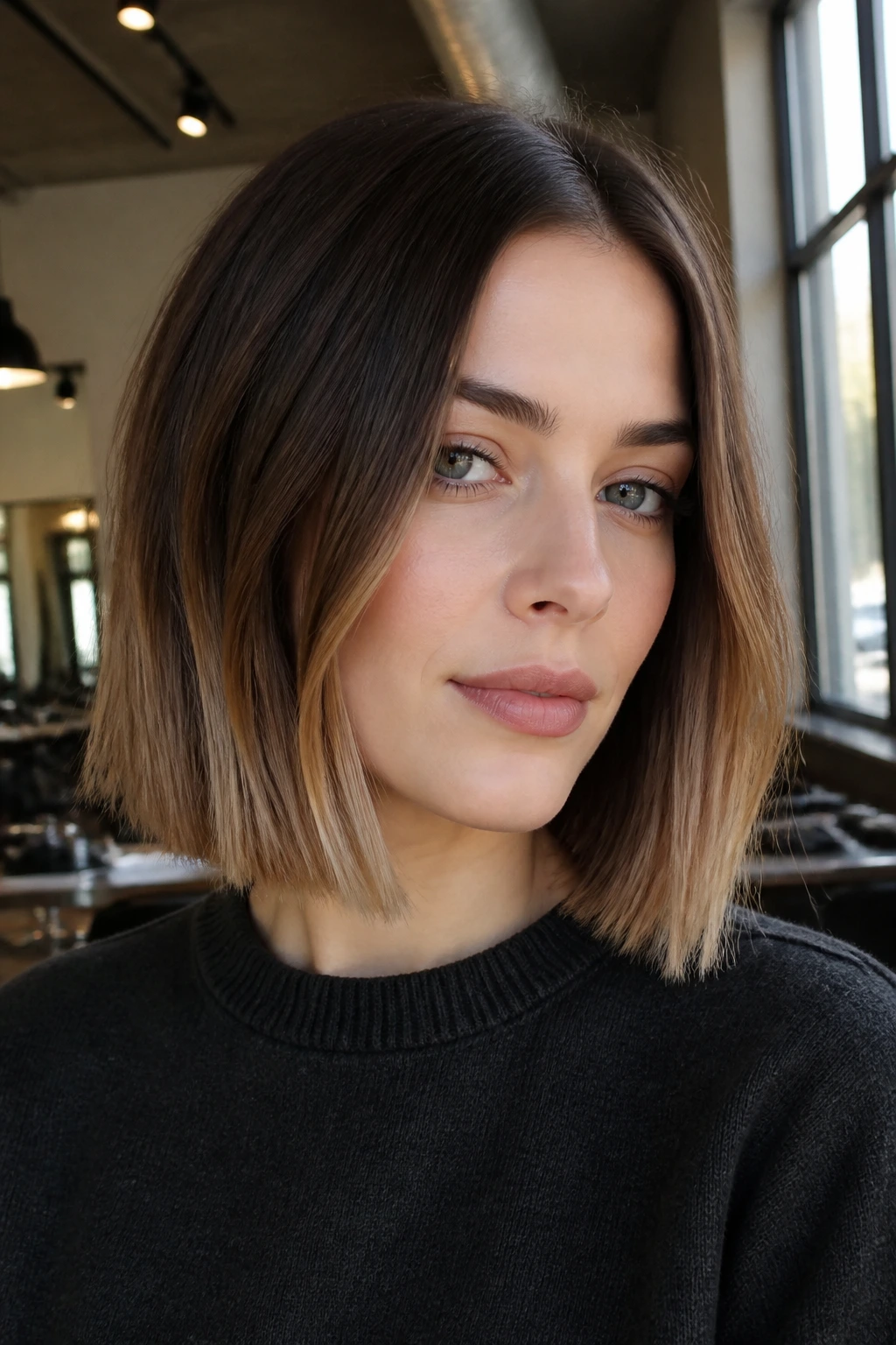 Close-up portrait of a real woman with a blunt lob and soft caramel ends on cool-toned skin