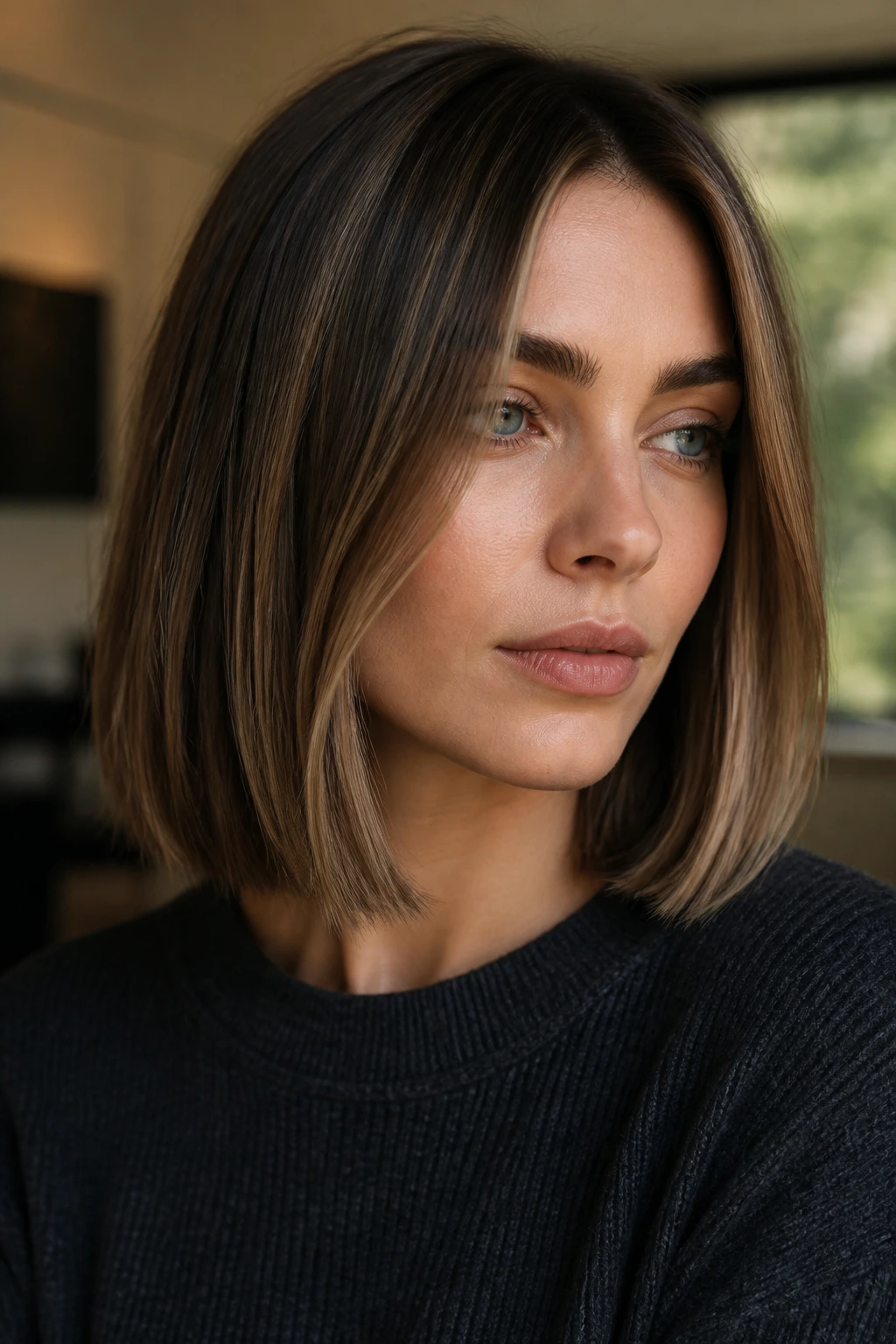 Close-up of a real woman with blunt lob and cool caramel highlights