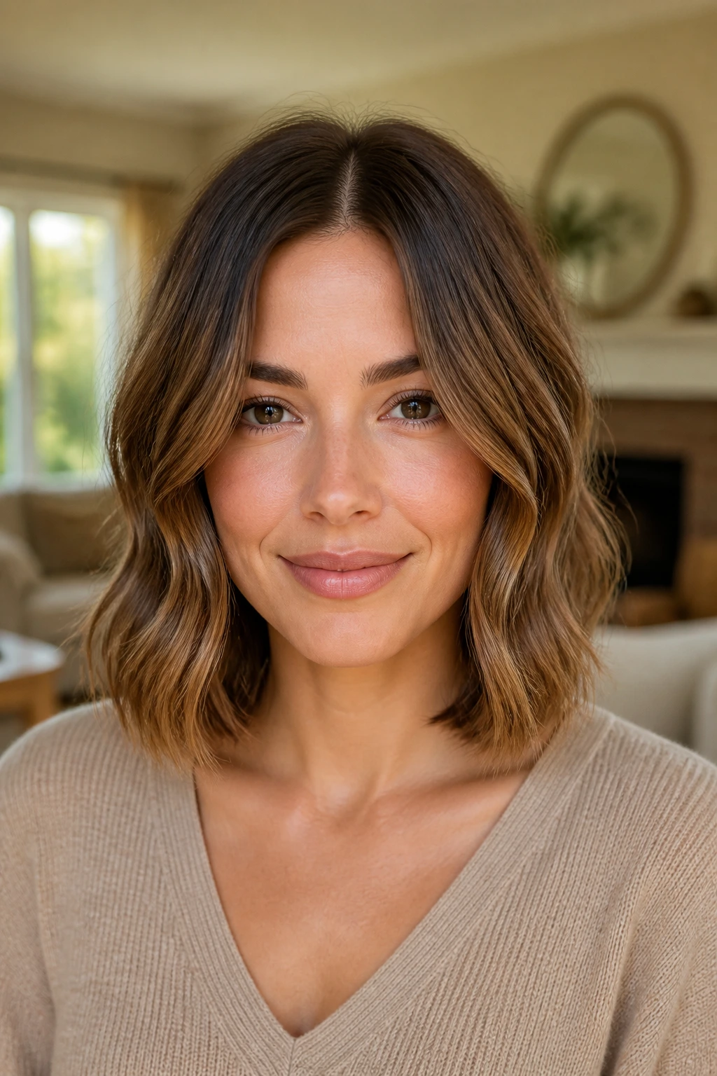 Close-up portrait of a real woman with a center-parted blunt lob at collarbone.