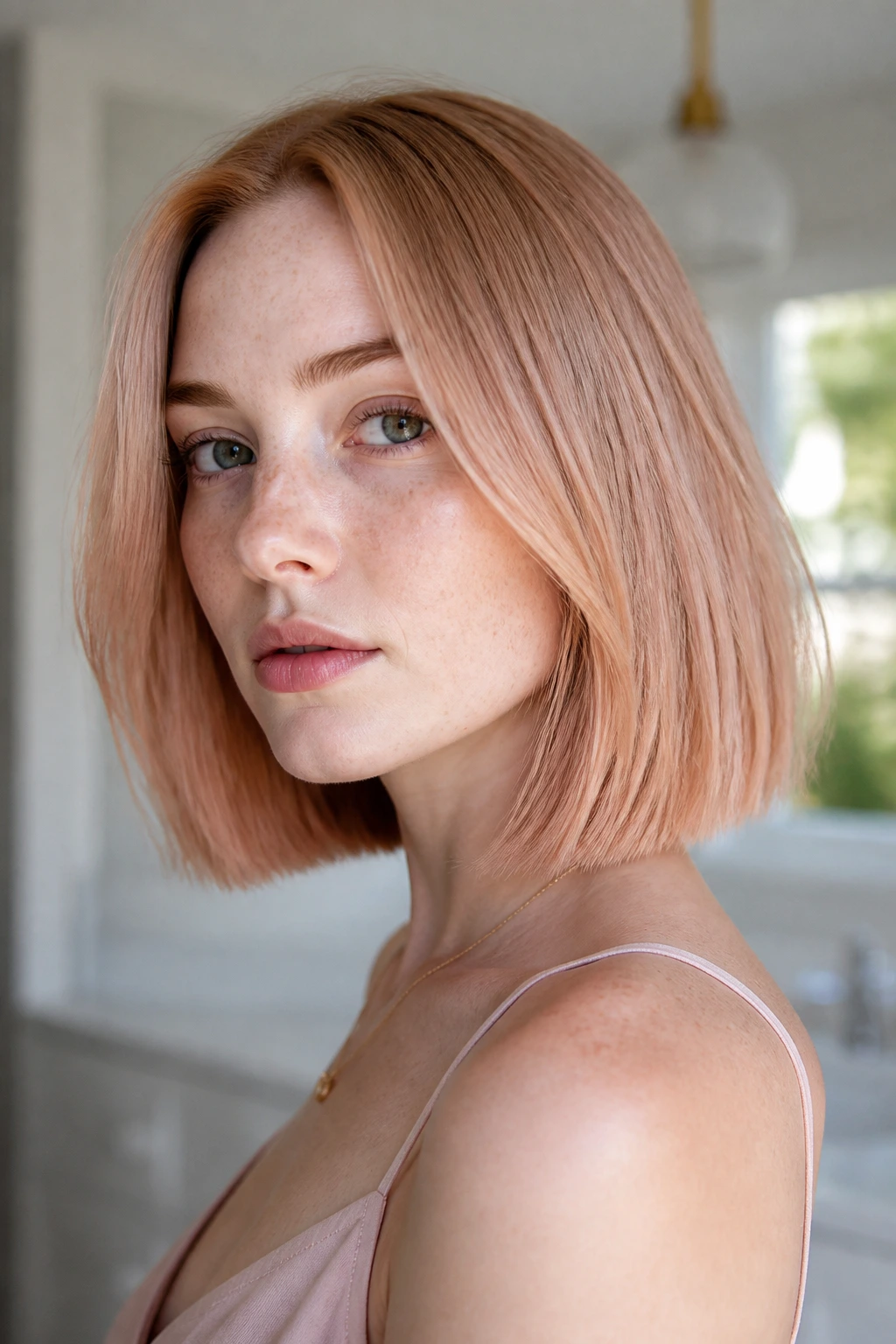Close-up portrait of a real woman with blunt lob and champagne rose toner in window light