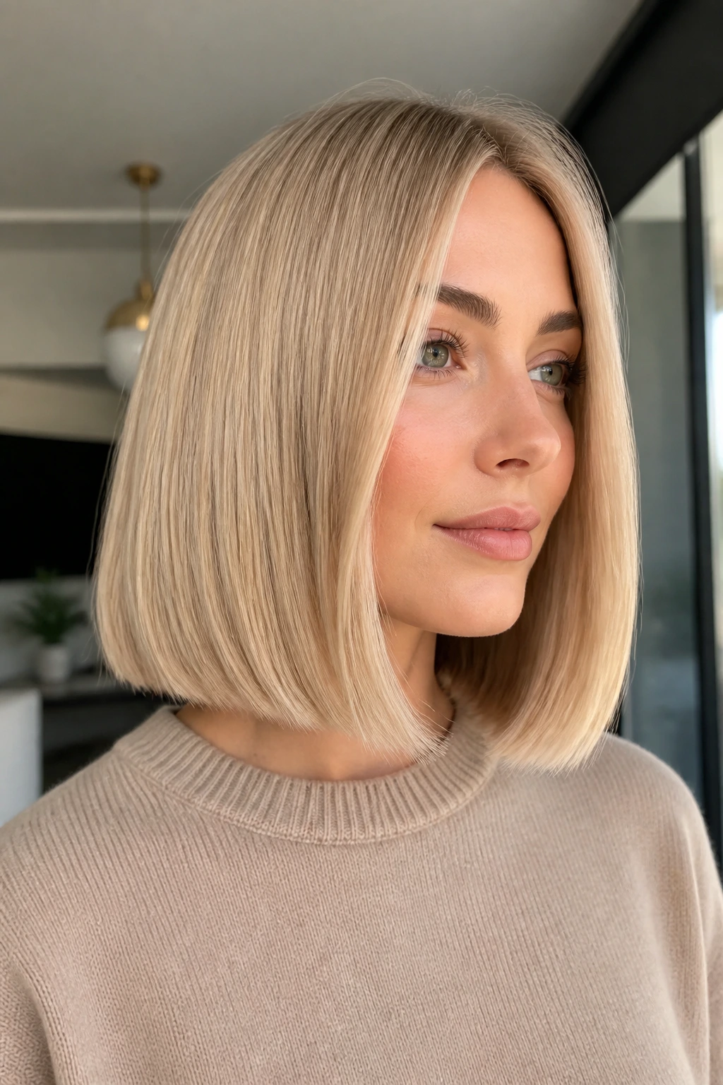 Real woman with a sleek blunt lob in champagne blonde