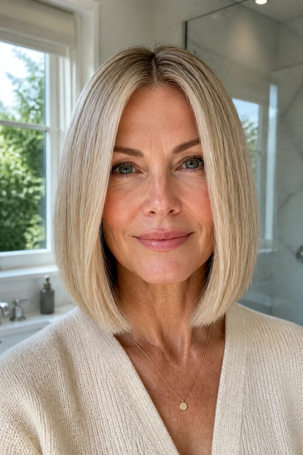 Close-up of real woman with champagne blunt lob and center part