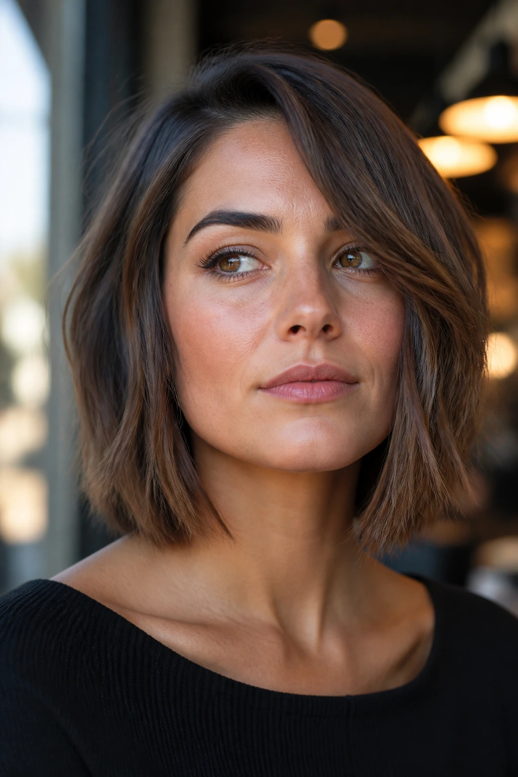 Close-up of a real woman with Blunt Lob With Choppy End Pieces