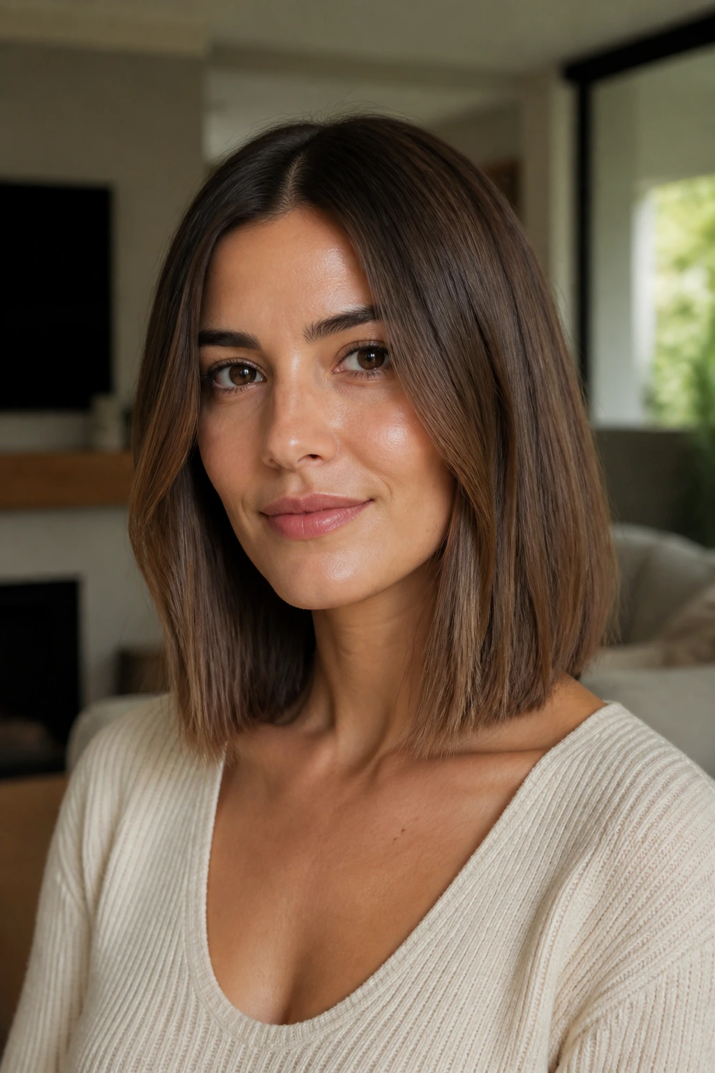 Close-up of a woman with blunt collarbone lob and dense ends