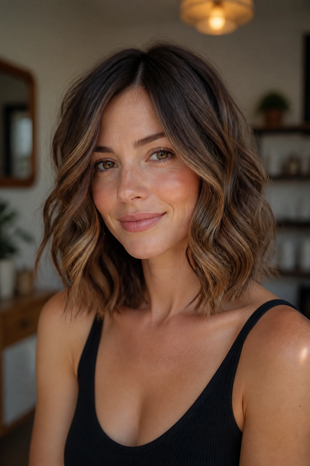 Close-up portrait of a real person from chest up with a blunt shoulder-length lob and loose curls in warm natural light