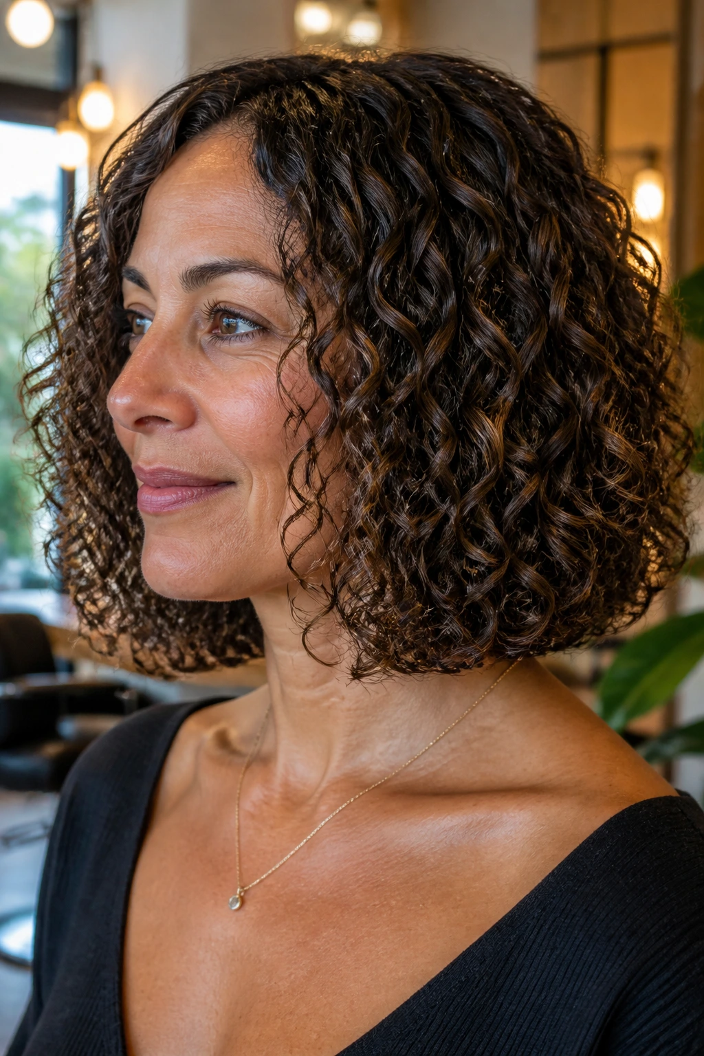Close-up of a real woman with a blunt lob and defined ends on curly hair.