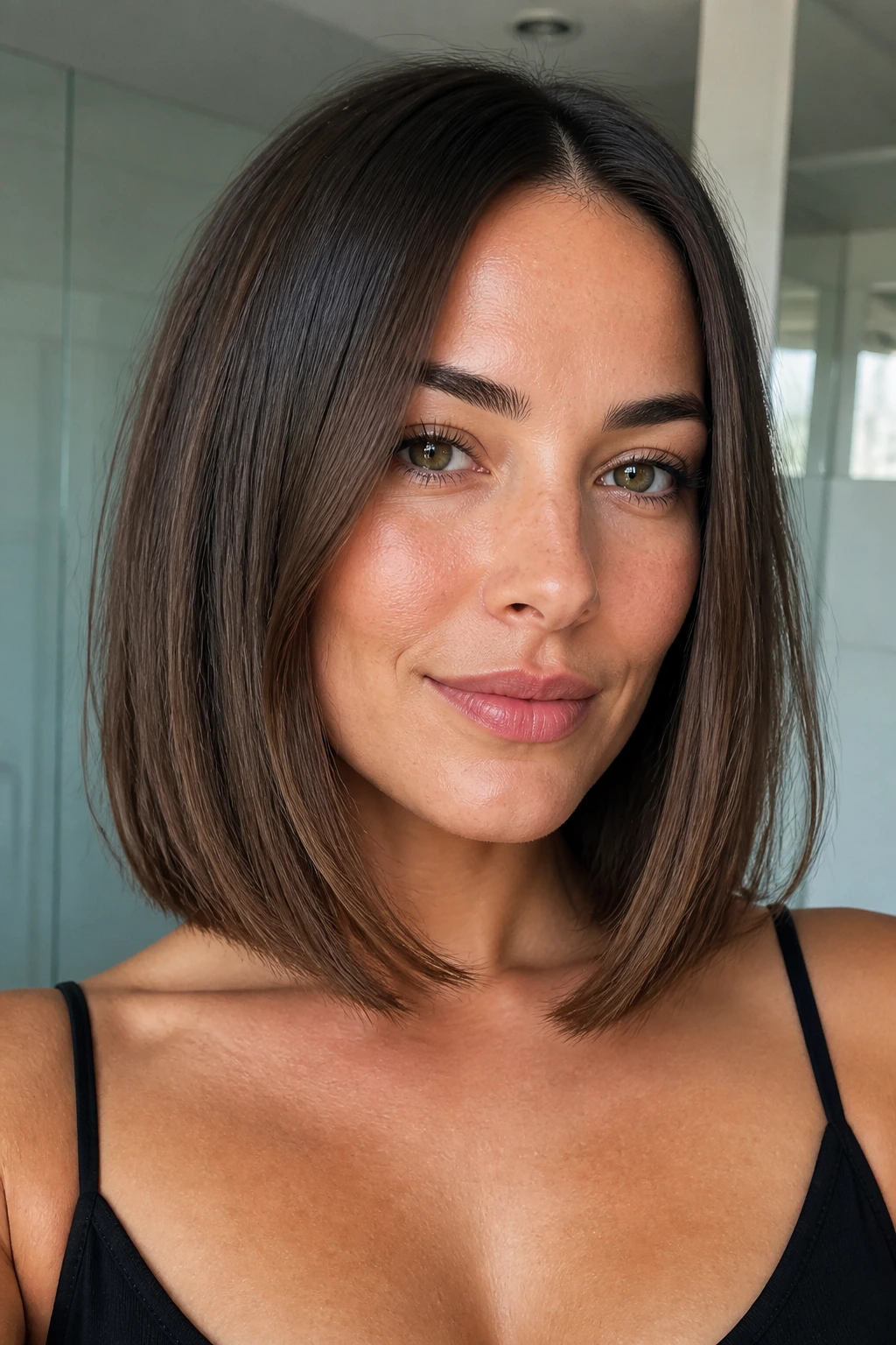 Close-up of blunt lob with softened ends on a real woman