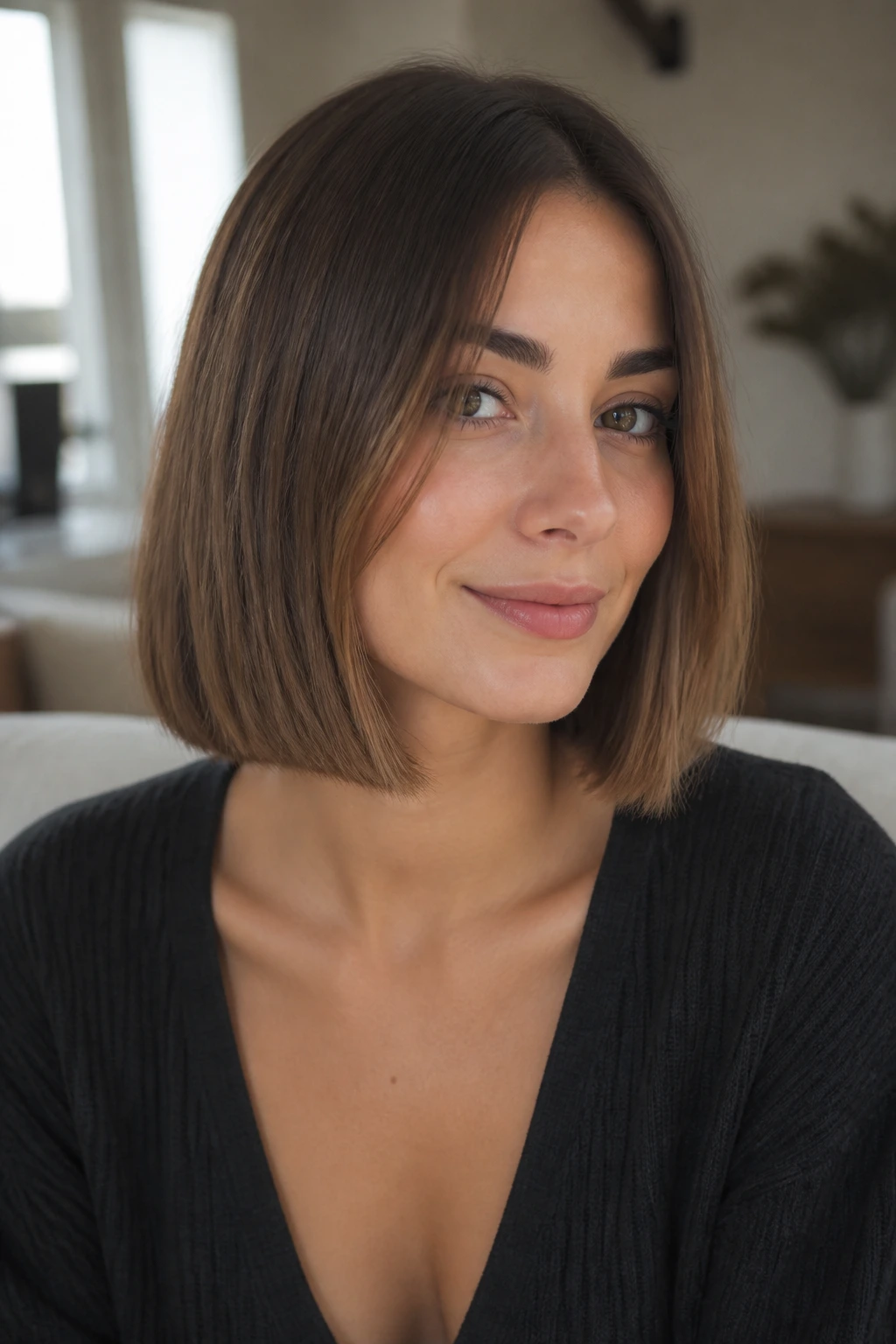 Close-up portrait of a real woman with blunt lob and tiny face-framing pieces