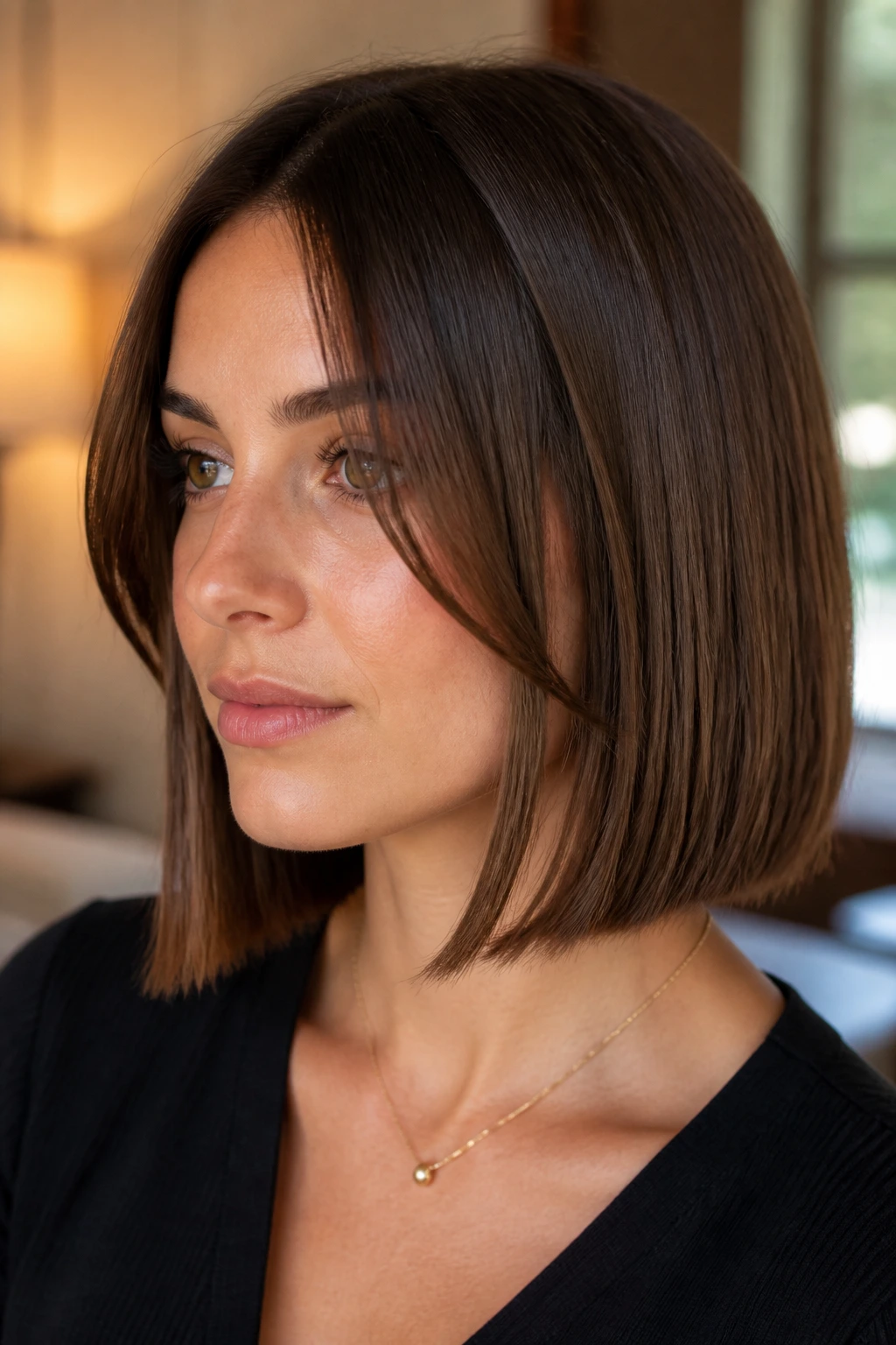 Real woman with blunt lob and long face-framing slices.