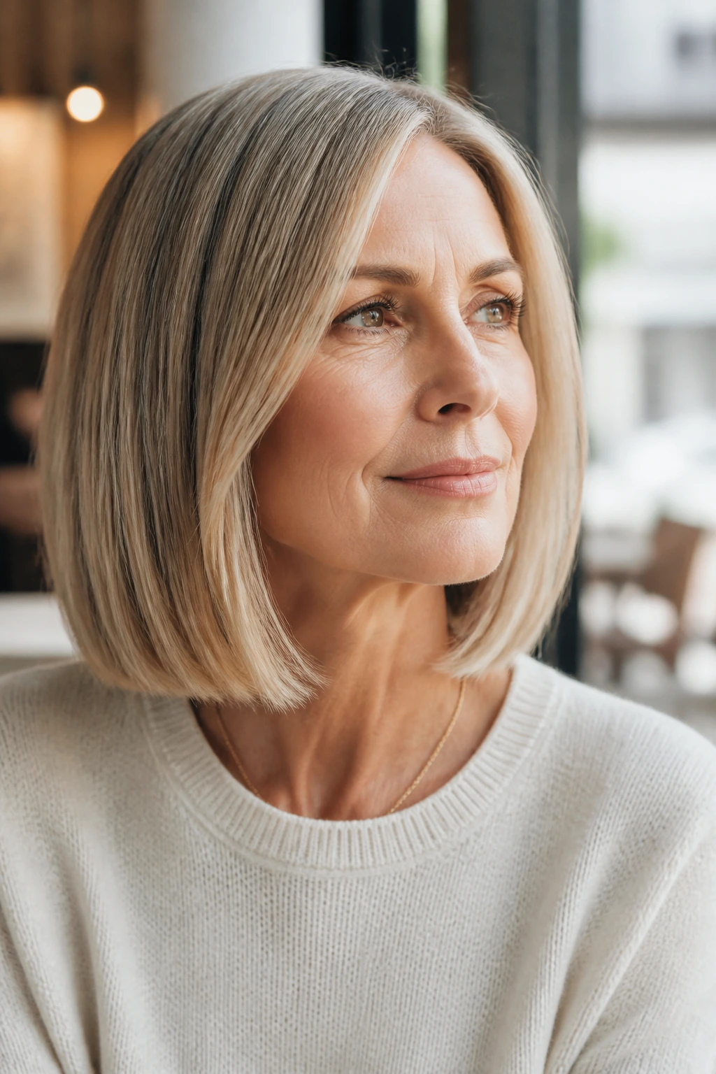 Real woman with blunt lob on fine hair framing a soft jawline