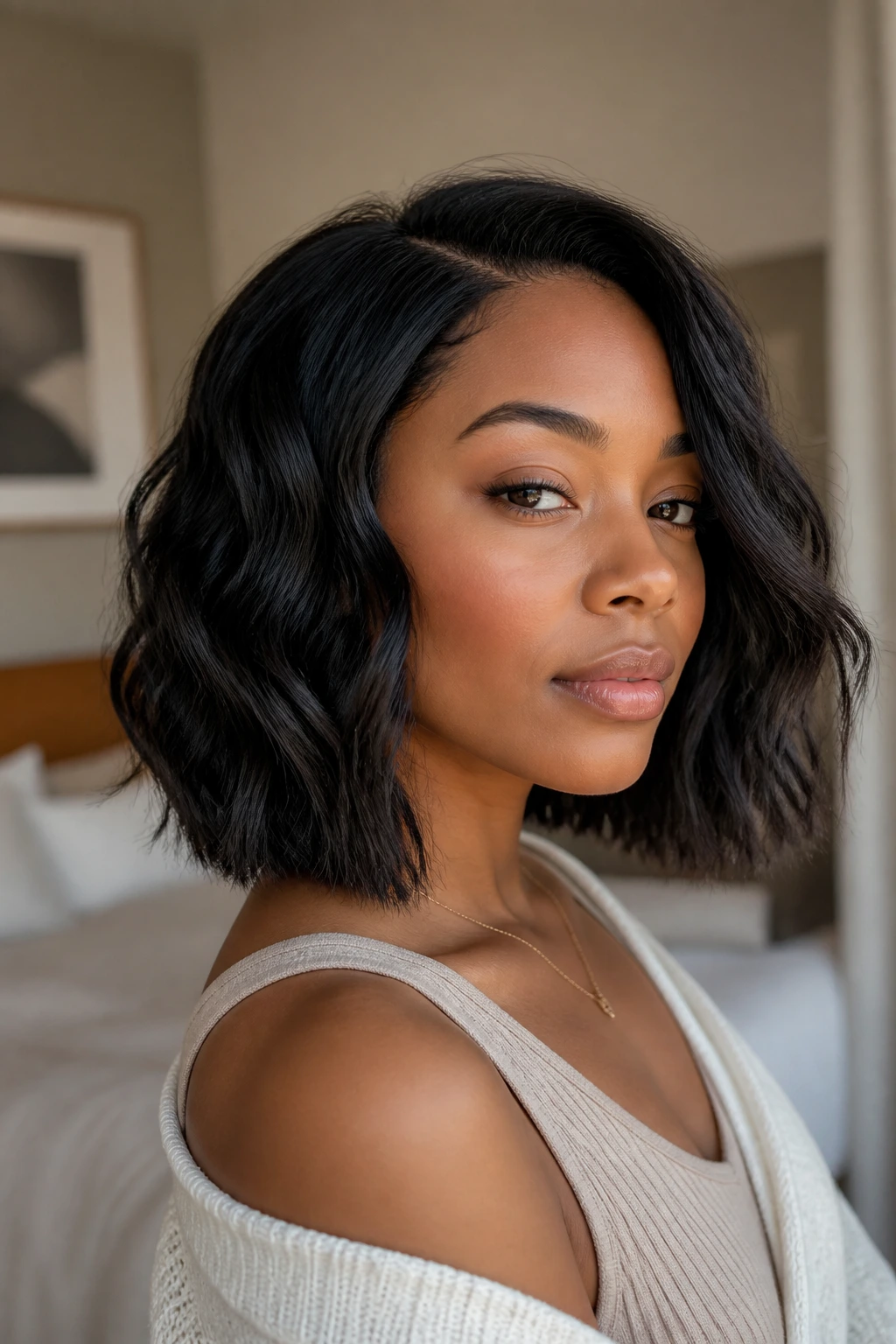 Close-up portrait of a real woman with a collarbone-length blunt lob and airy waves