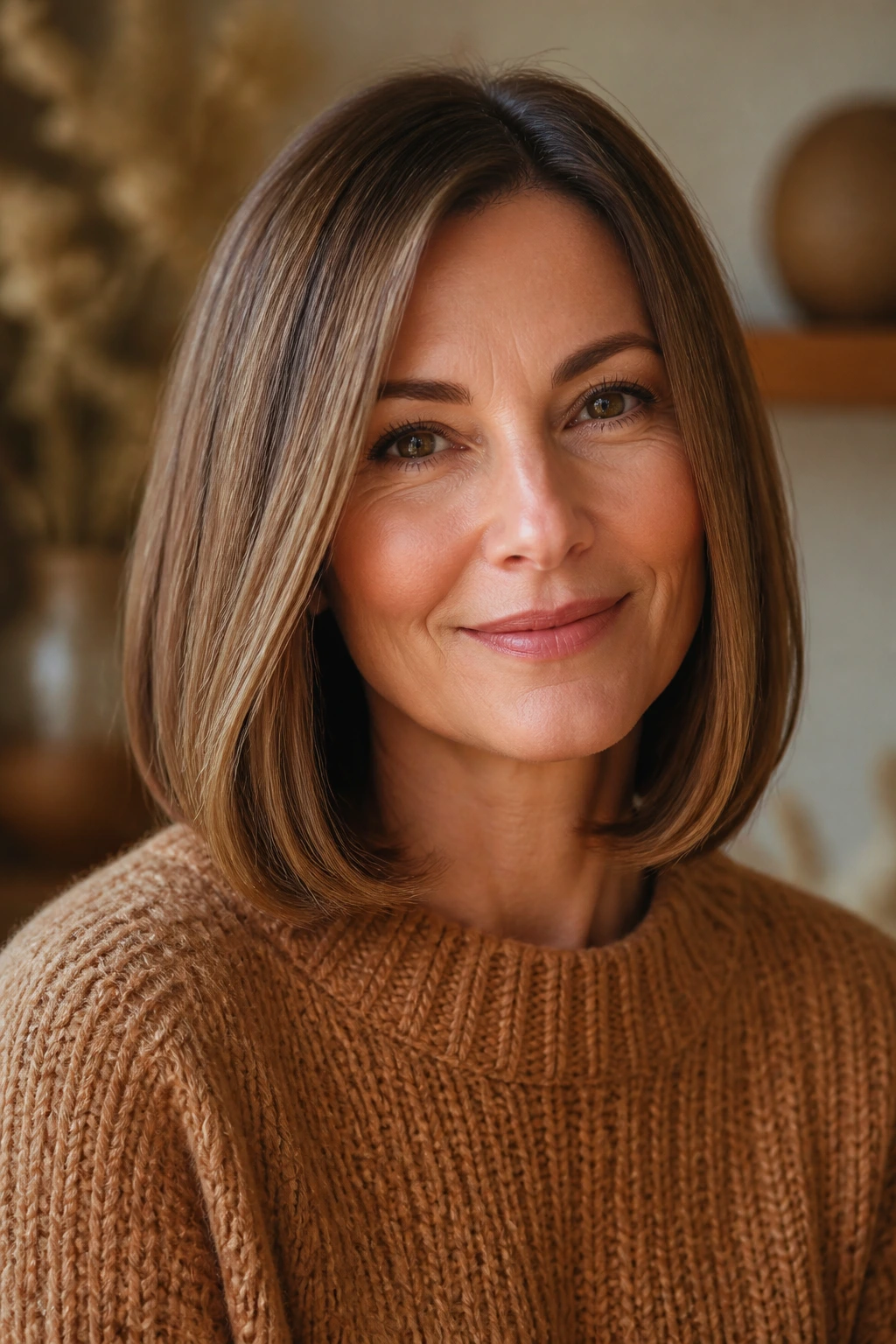 Portrait of a woman with a blunt lob and under-curved ends.