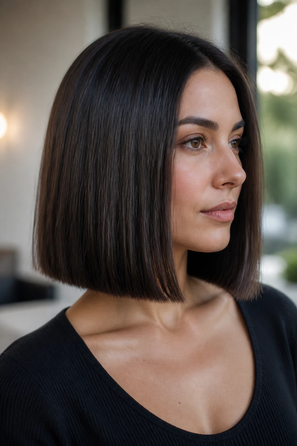 Close-up of a real person with a blunt one-length lob.