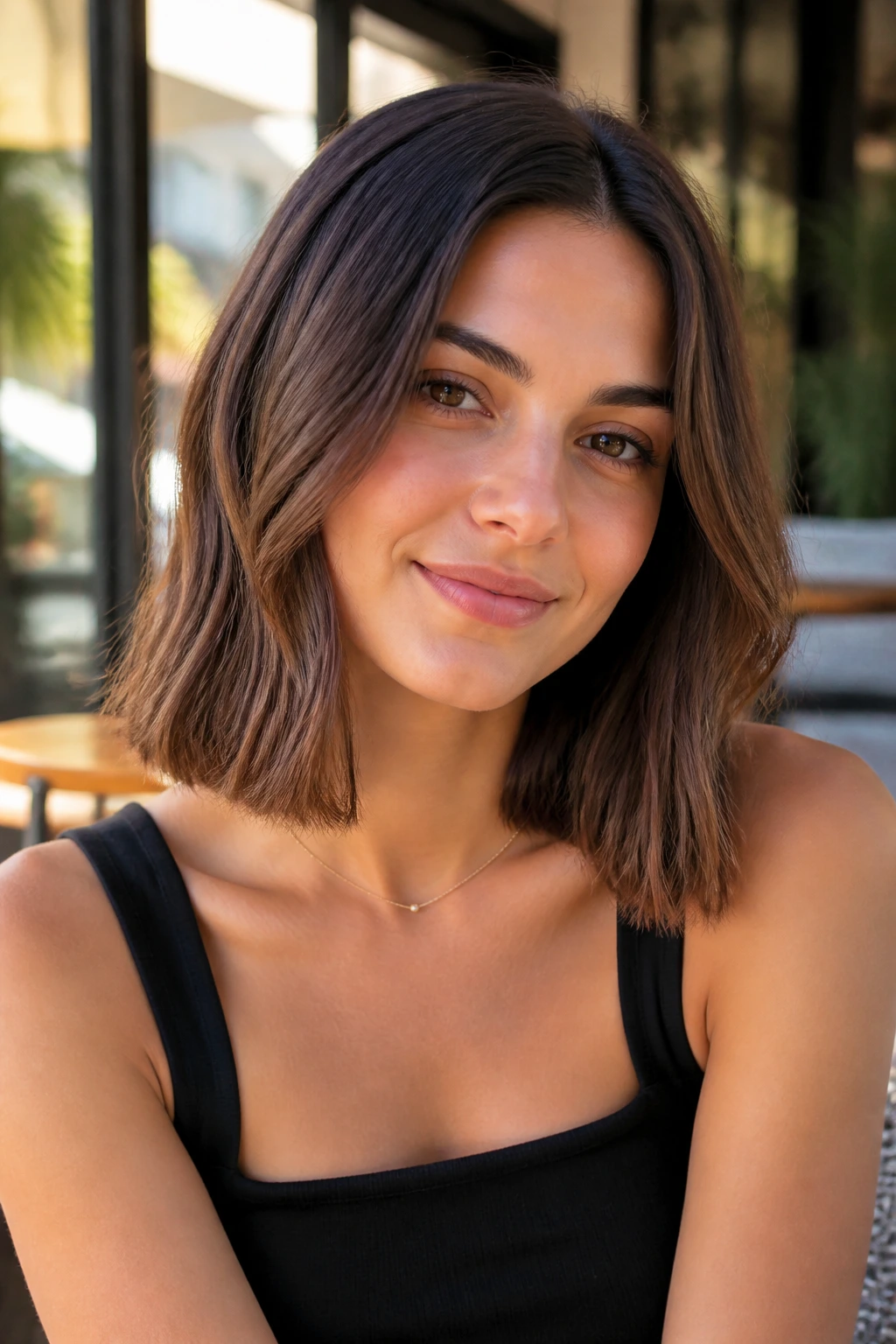 Portrait of a person with collarbone-length blunt lob haircut and crisp ends