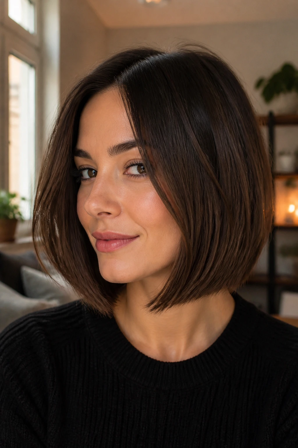 Close-up portrait of a real woman with a blunt lob and hidden internal layers framing the face.
