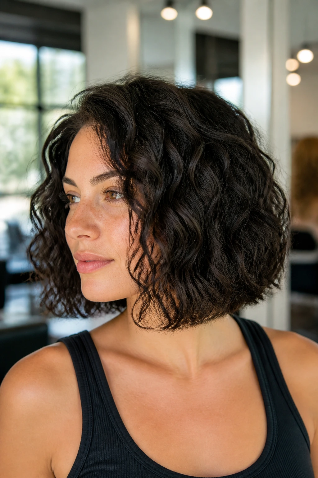 Portrait of woman with blunt lob haircut and hidden internal layers.