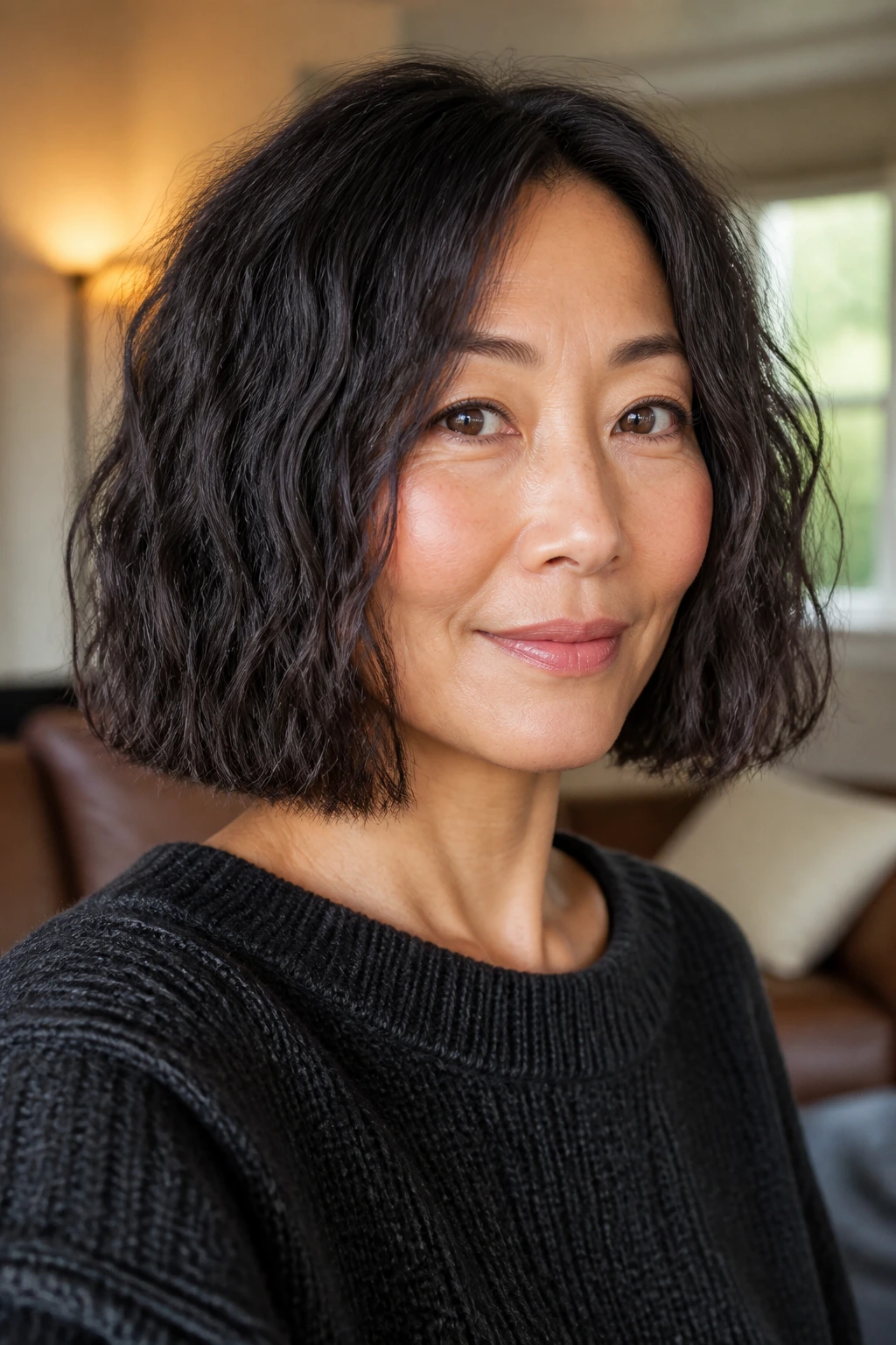 Close-up of a real woman with a blunt Japanese lob showing hidden texture