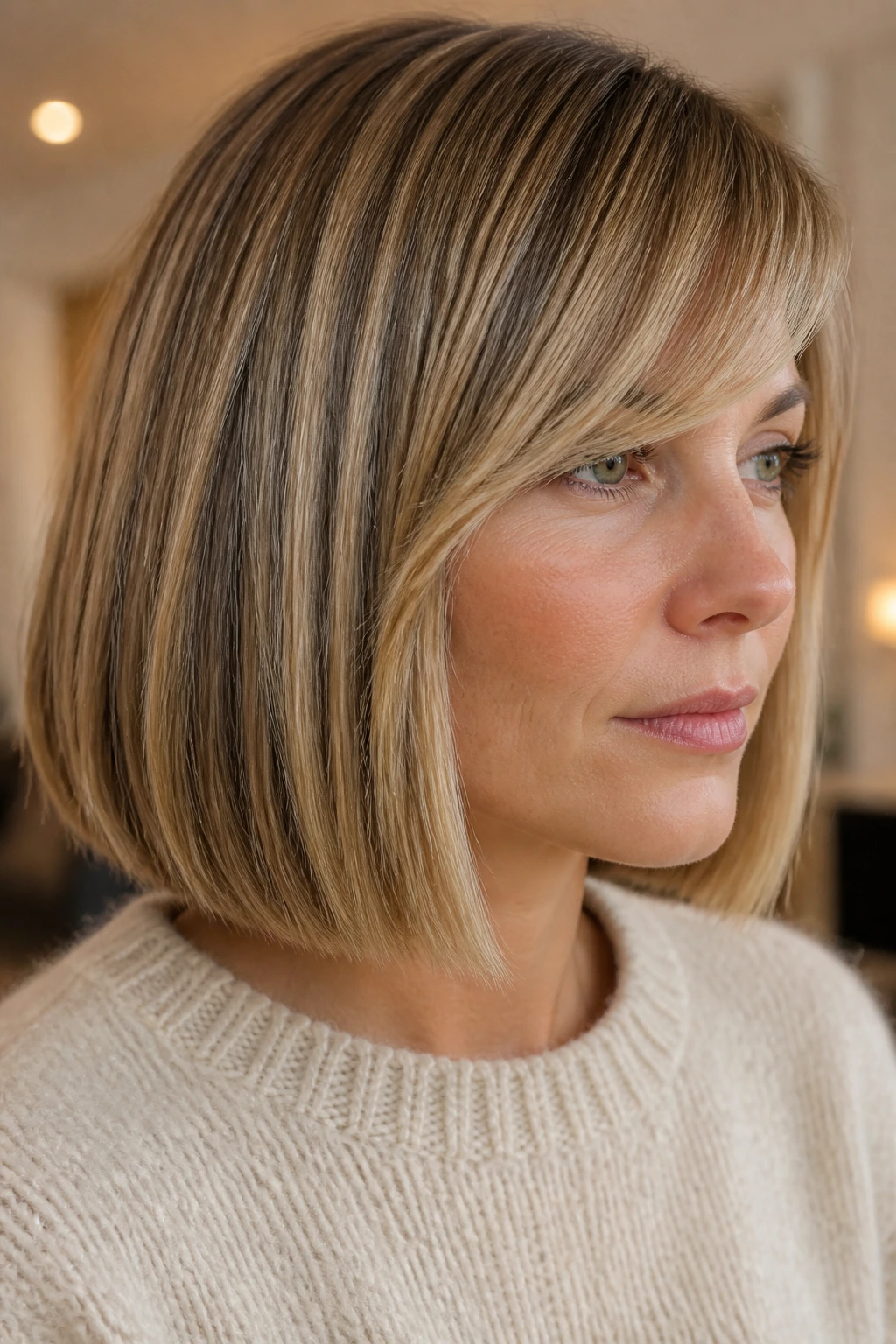 Portrait of a real person with blunt lob and fine-weave highlights and side-swept bangs.