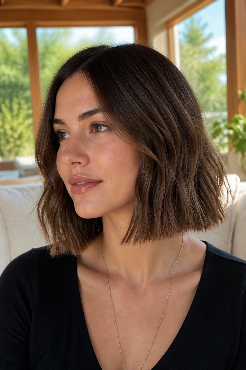Close-up of a real woman with a blunt lob and invisible internal layers.