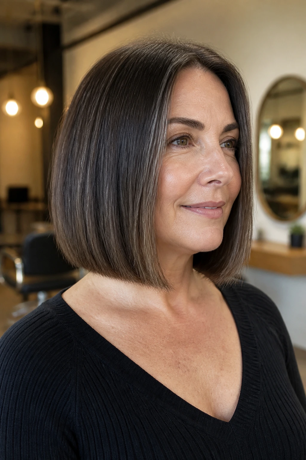Close-up of a real woman with a blunt lob and hidden internal removal for dense ends