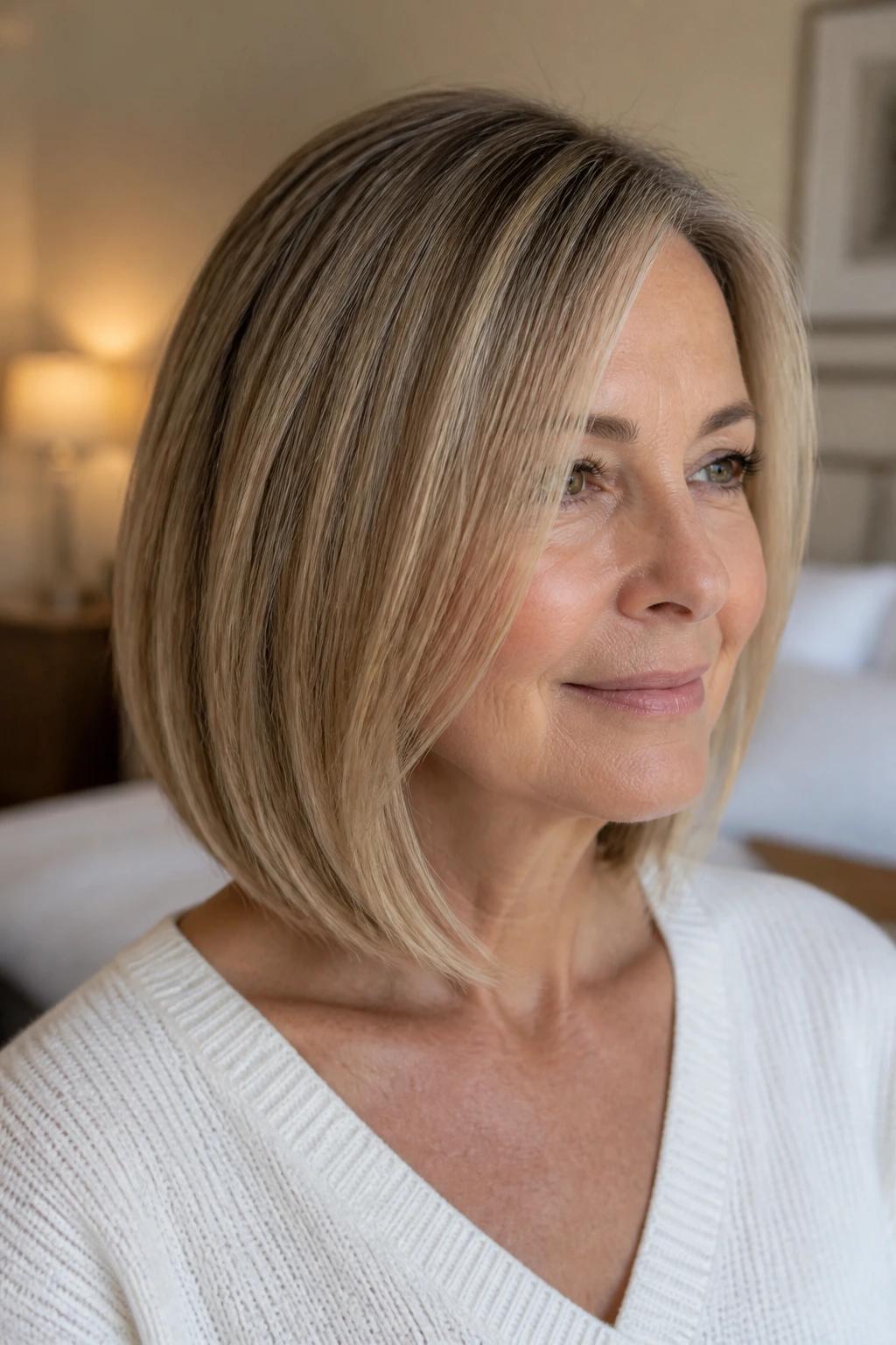 Close-up portrait of a real woman with an invisible-layer blunt lob hairstyle in warm window light