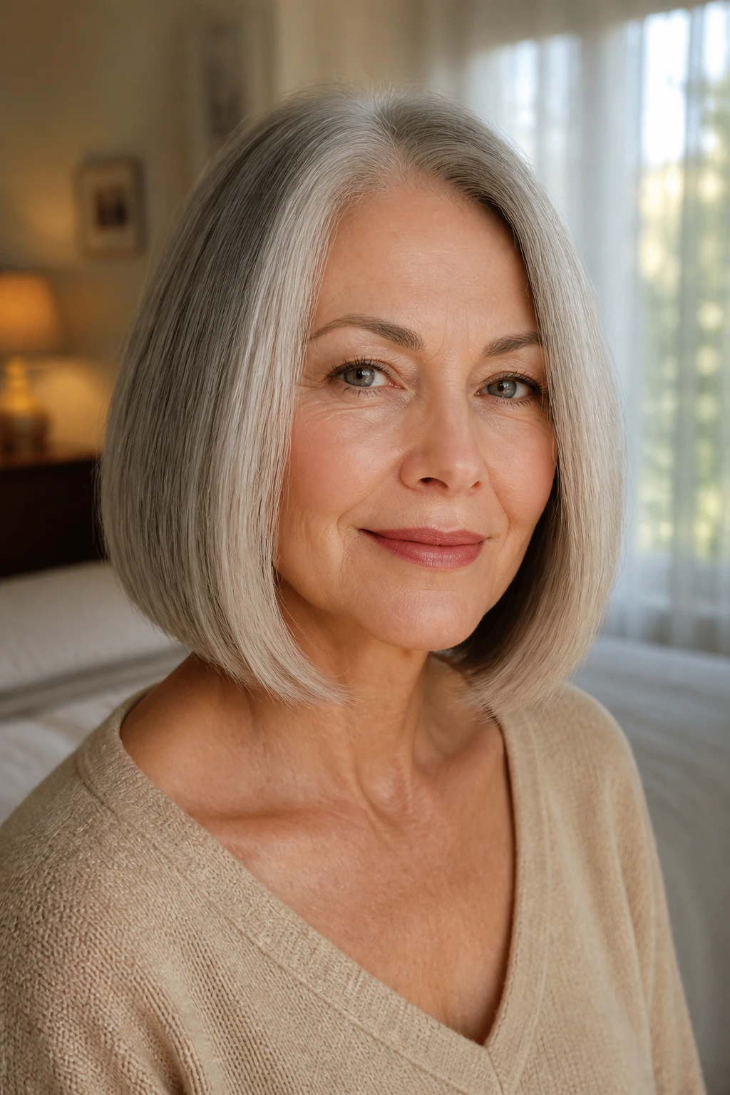 Close-up of a real woman with a blunt lob and hidden internal layers in soft morning light