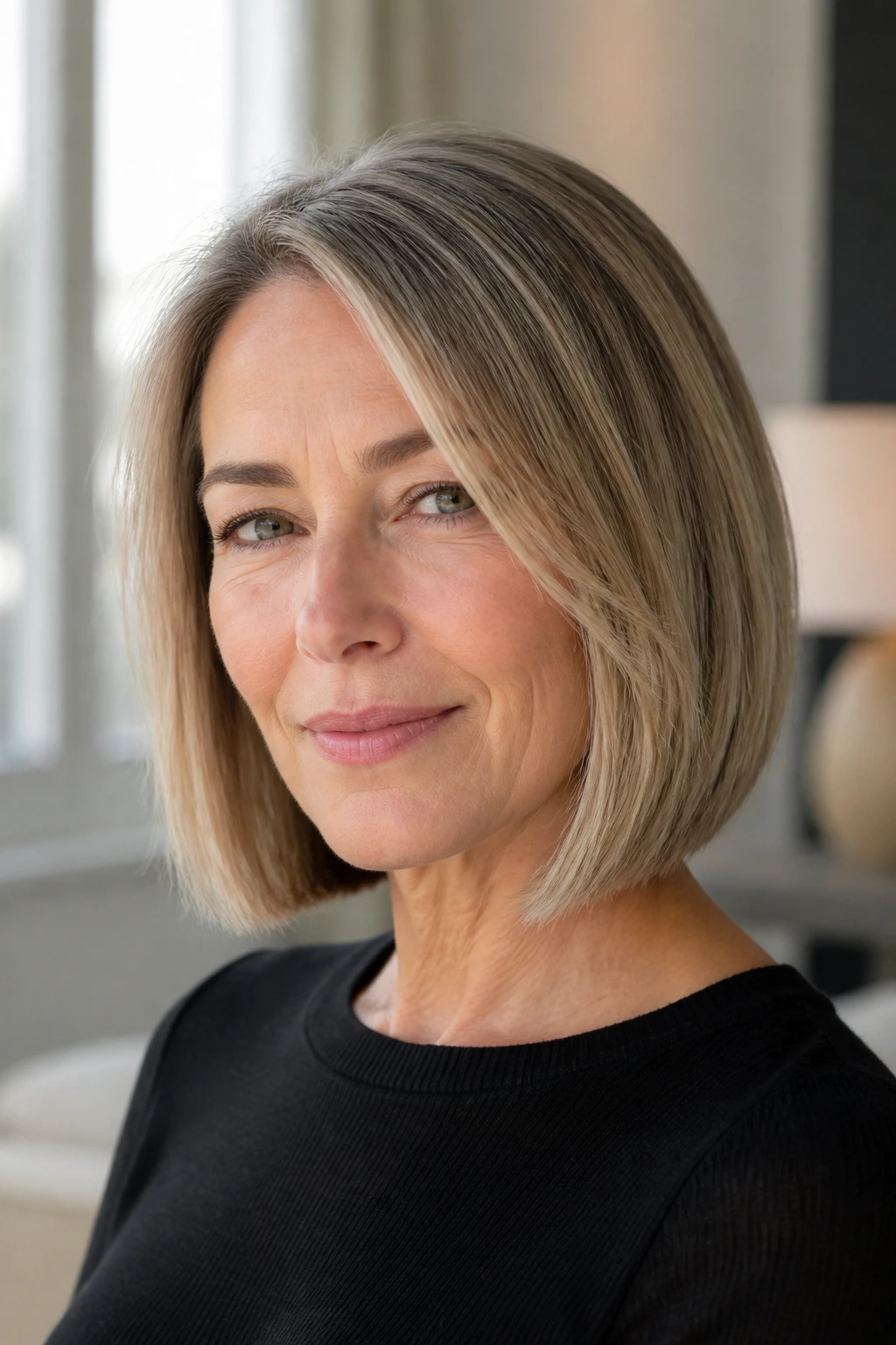 Close-up portrait of a woman with a blunt lob and hidden layers.