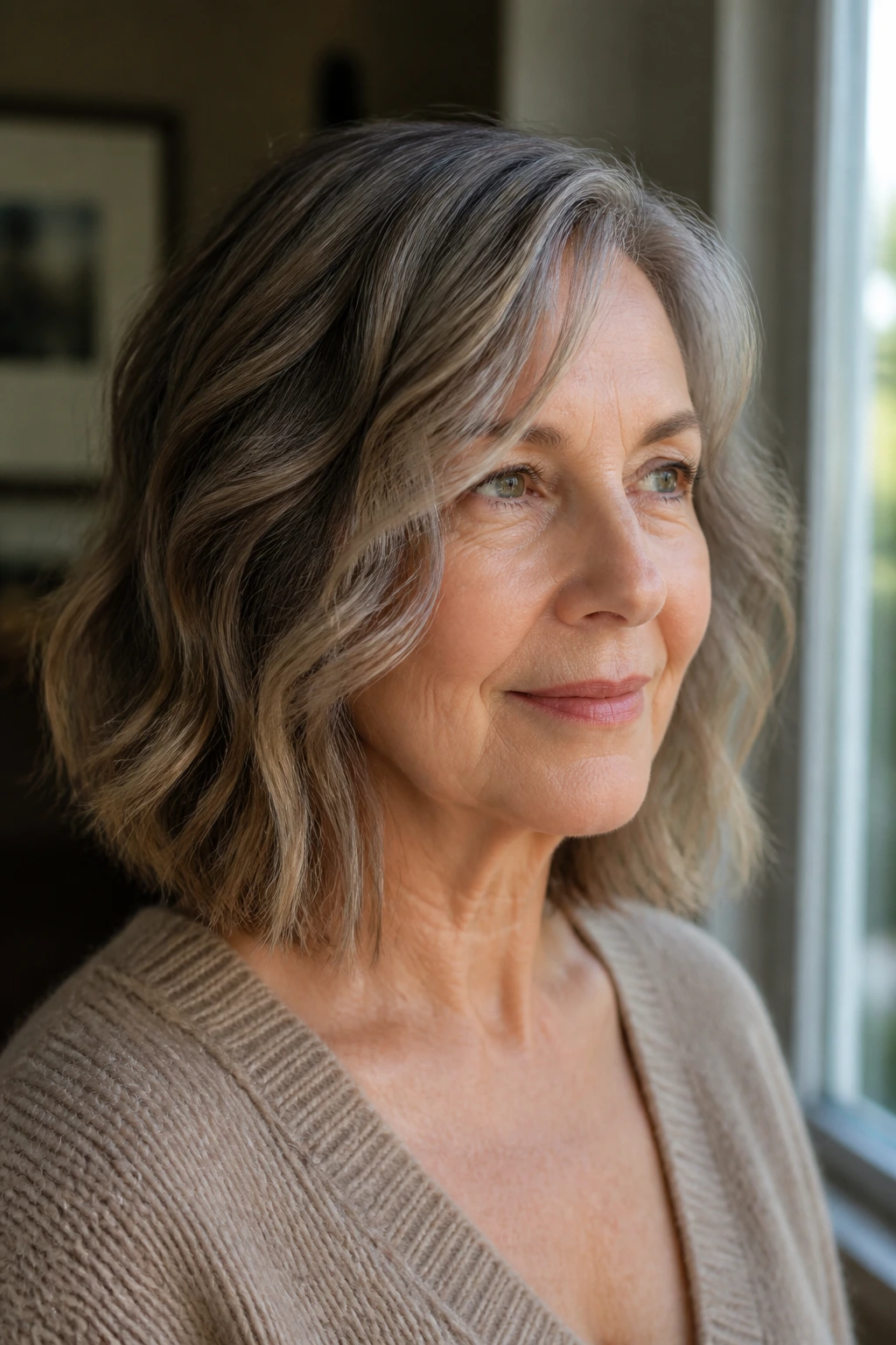Close-up portrait of a real woman with a blunt lob and subtle lowlights
