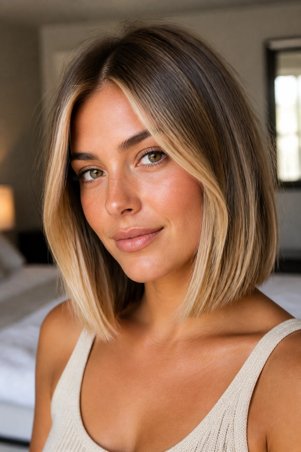 Close-up portrait of a real woman with a blunt lob and golden money pieces in warm window light