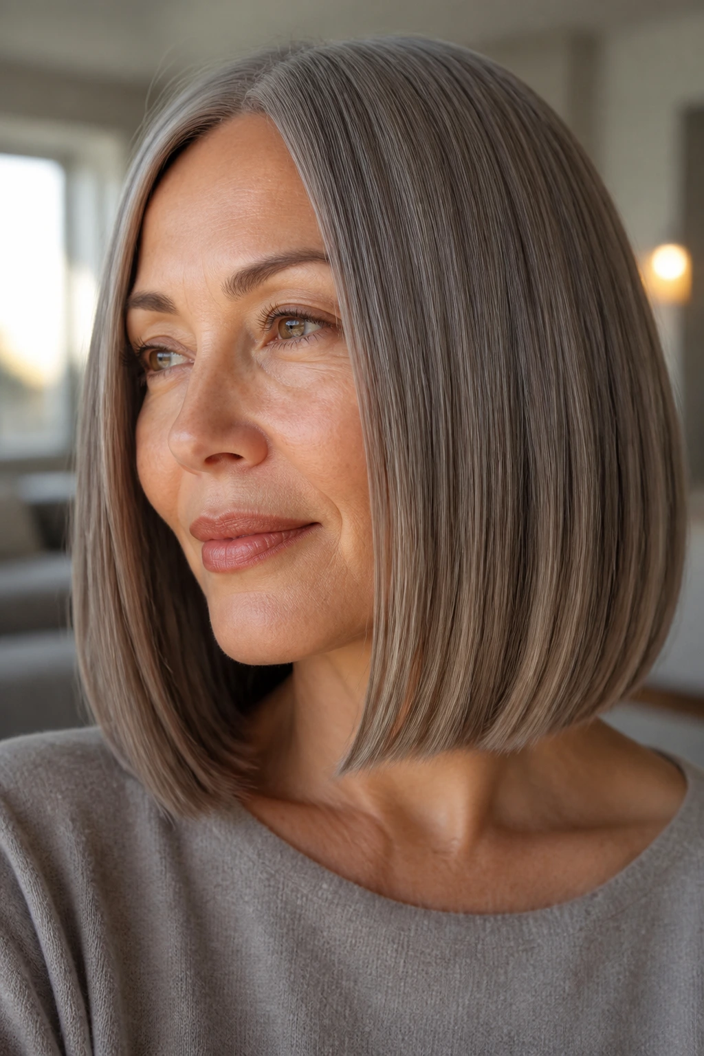 Portrait of real woman with sleek blunt lob and mushroom gloss
