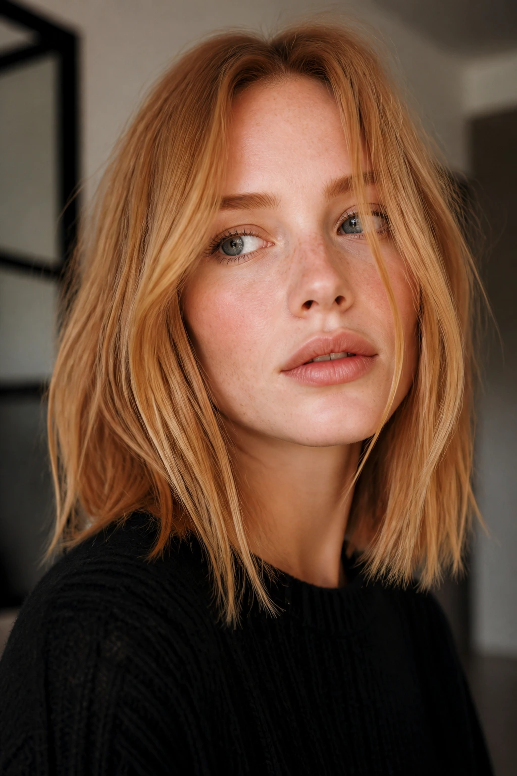 Close-up portrait of a woman with a blunt lob and piecey ends in strawberry blonde.