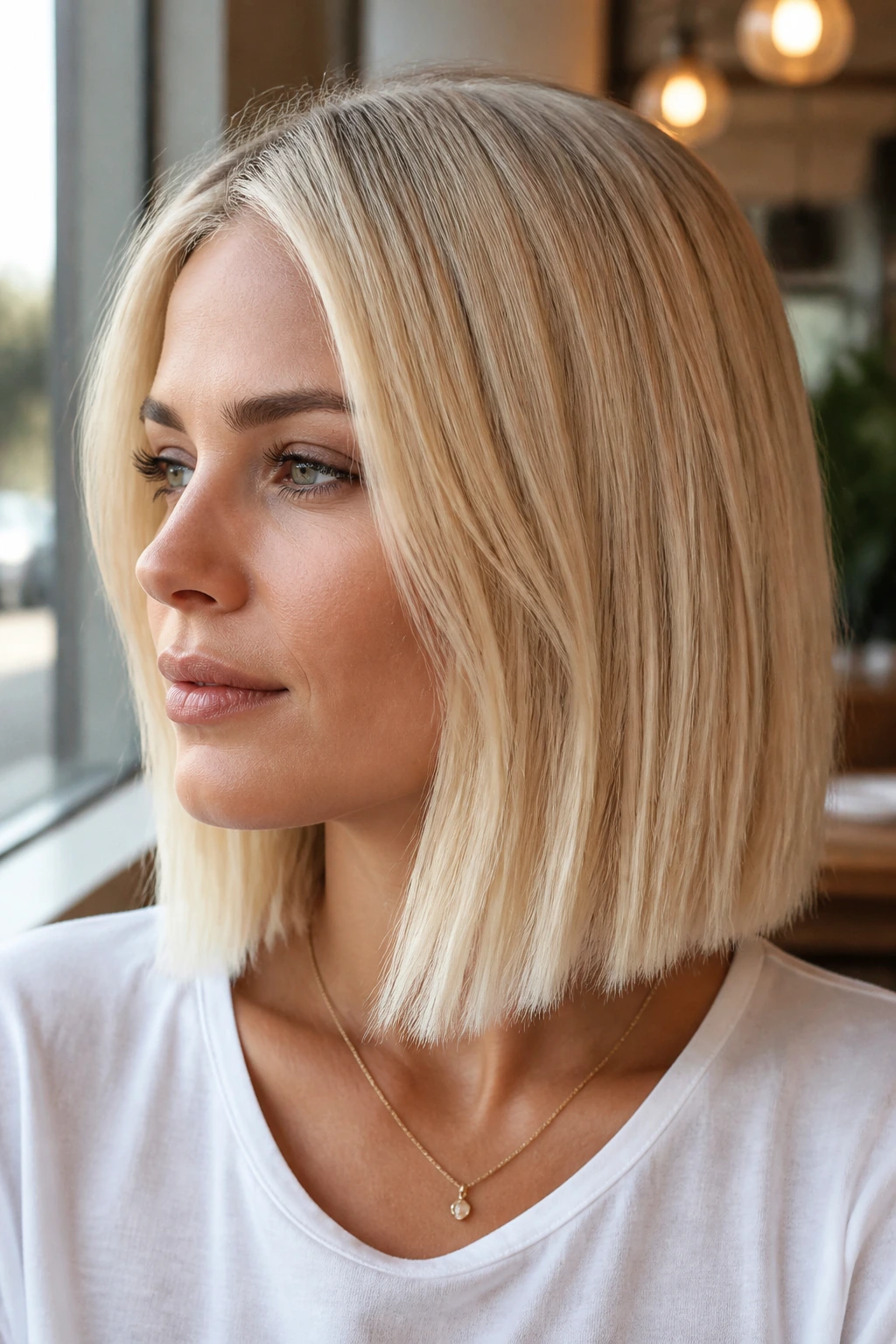 Close-up of real woman with bright blunt lob and platinum ends