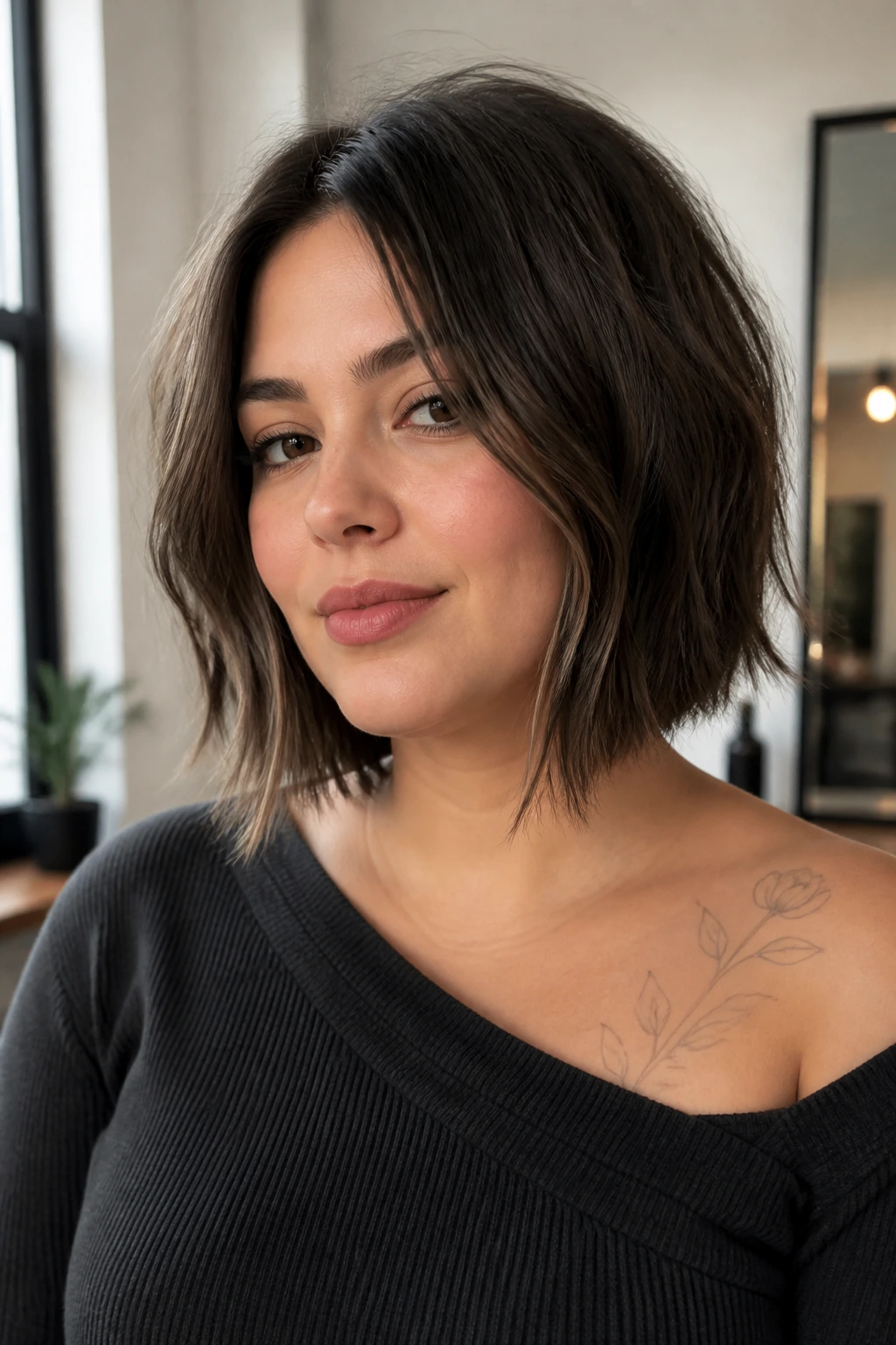 Close-up of a real person with a broken blunt lob and point-cut ends.
