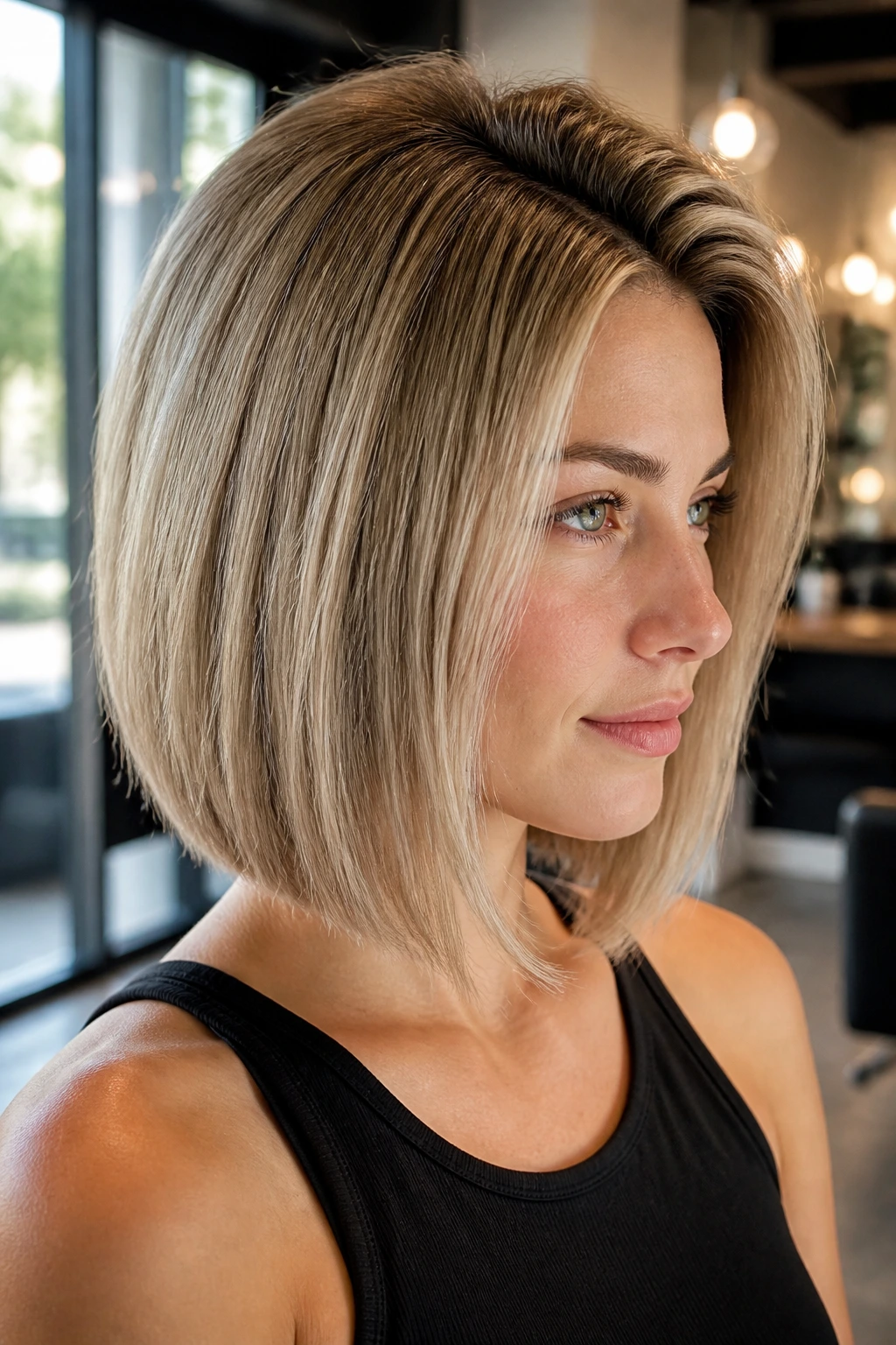 Real woman with blunt lob and root lift in a bright salon.