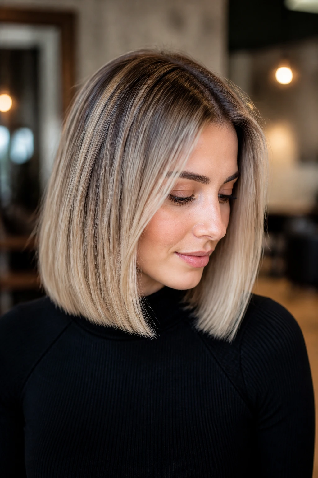 Blunt lob with root shadow on brunette hair.