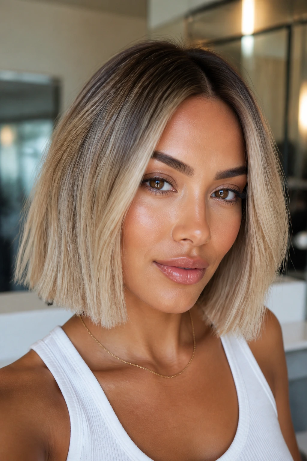 Close-up of a woman with blunt lob and soft root shadow in natural window light