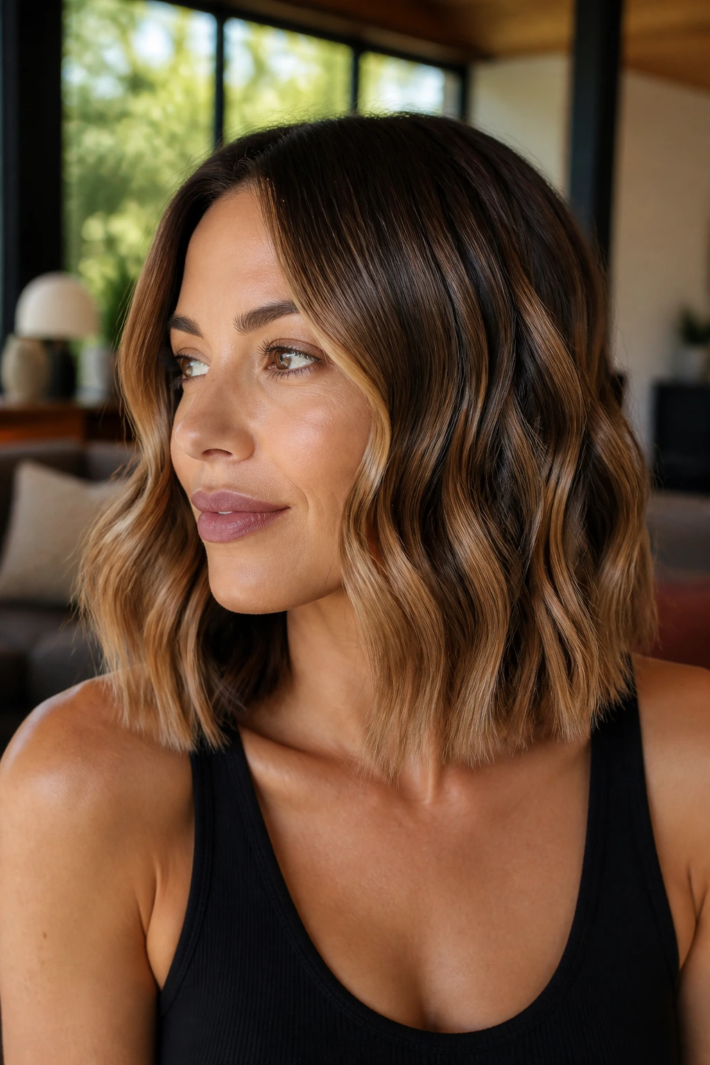 Close-up of a real woman with blunt lob and S-bend waves and caramel highlights