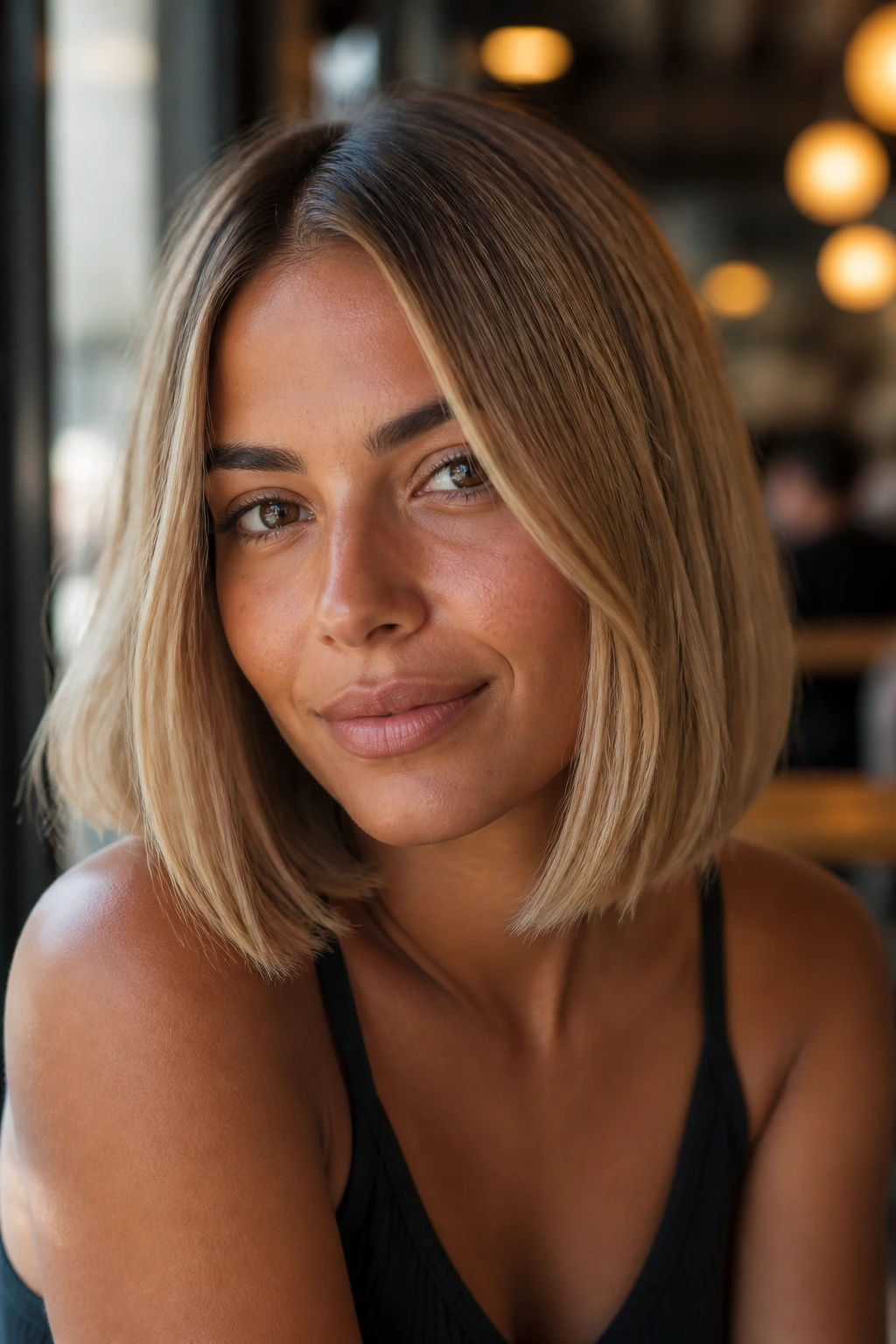 Close-up of a real woman with blunt lob and sandy honey tone