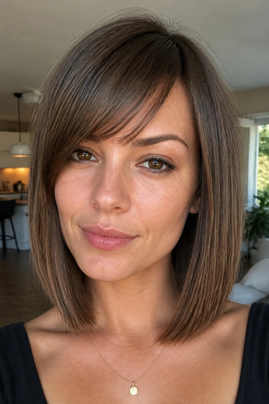 Close-up of a real woman with blunt lob and a thin side-swept bang.