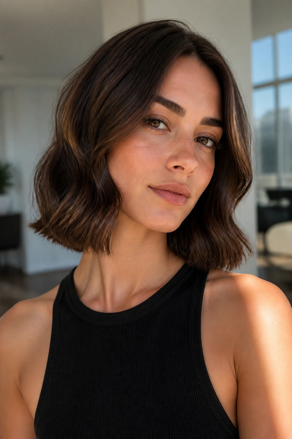 Real woman with blunt lob and soft bend in natural light