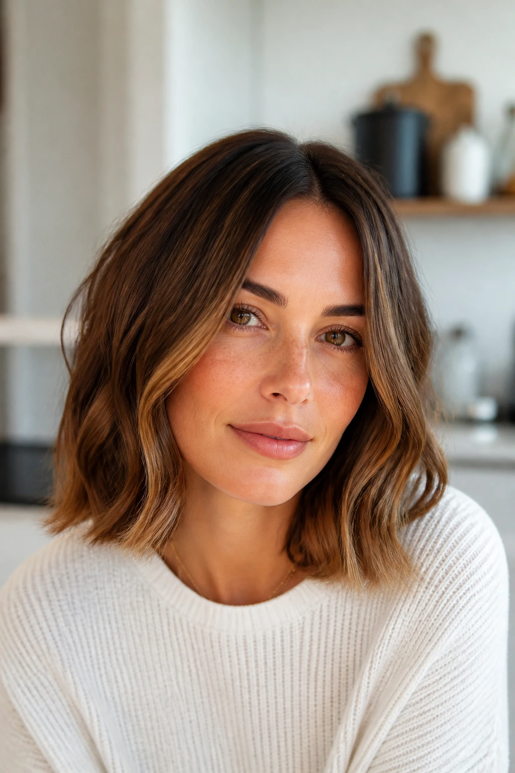 Close-up of blunt lob with soft bends on a real woman.