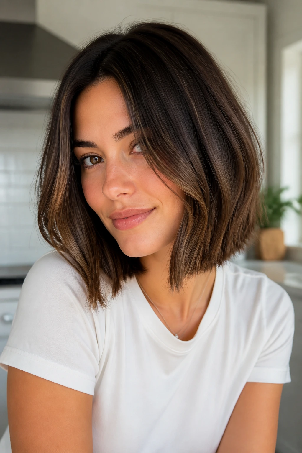 Close-up portrait of a real woman with a blunt lob and soft front corners.