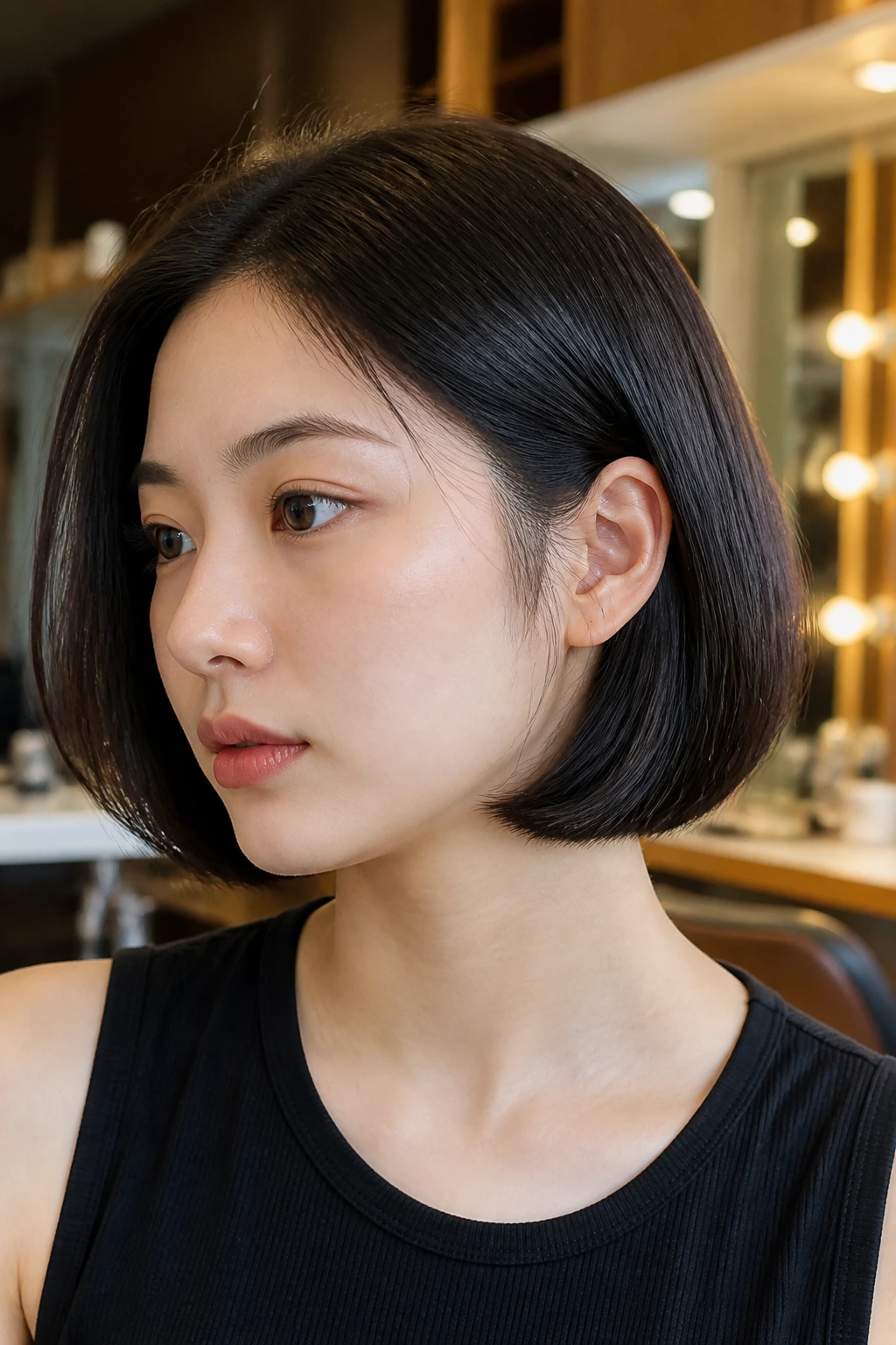 Close-up of a real person with a blunt lob and tucked ends behind the ears