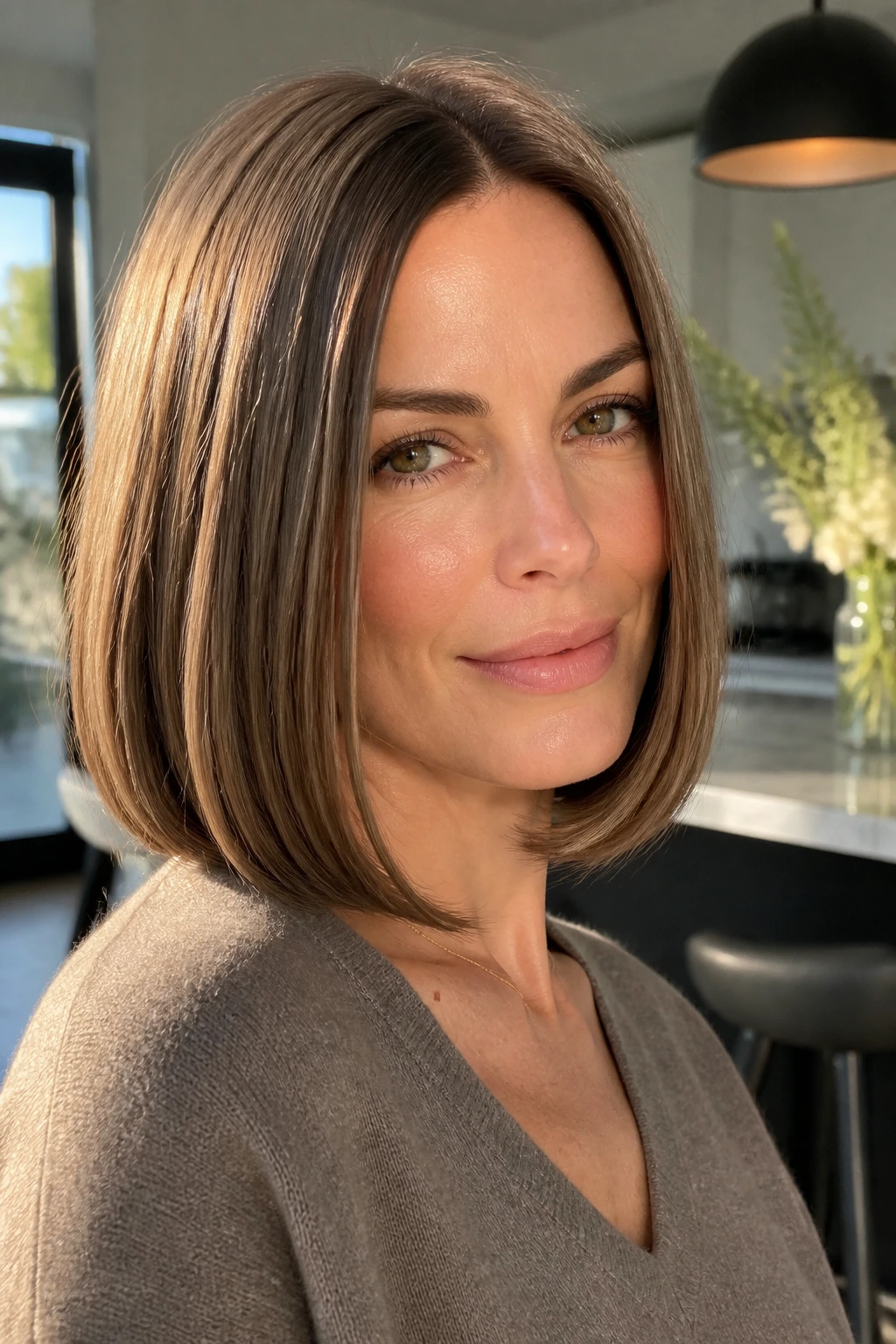 Close-up of a real woman with a blunt lob and tucked-in ends.