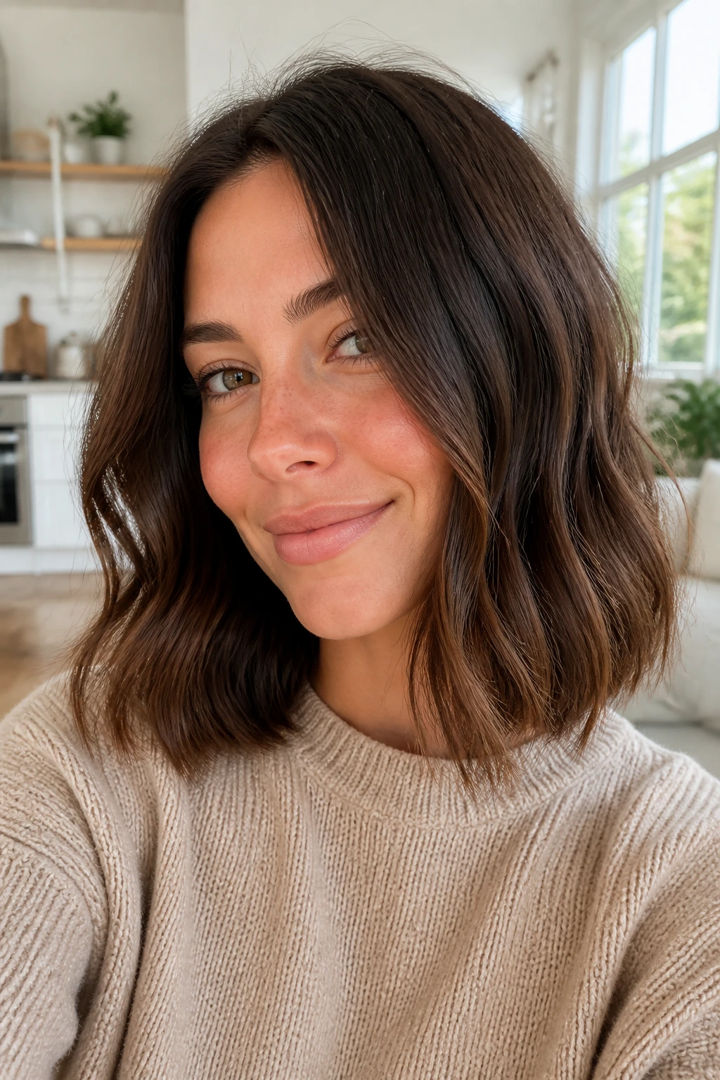 Real woman with blunt lob and loose ends, hair forming a thick outline