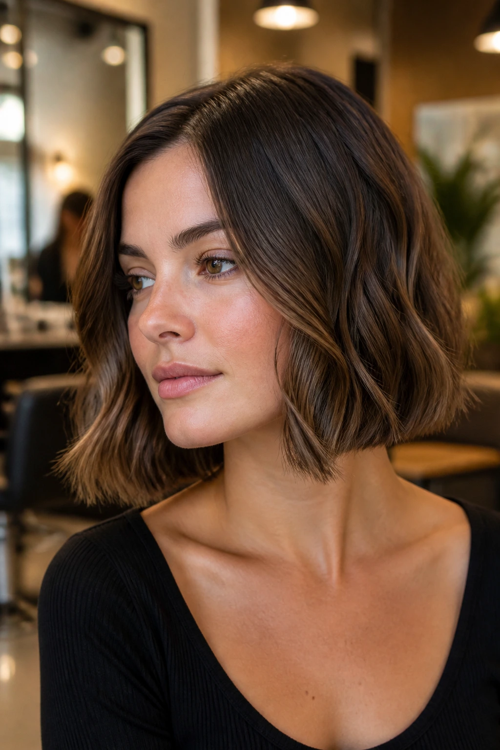 Close-up of a real woman with a blunt lob and bent ends in a warm salon setting