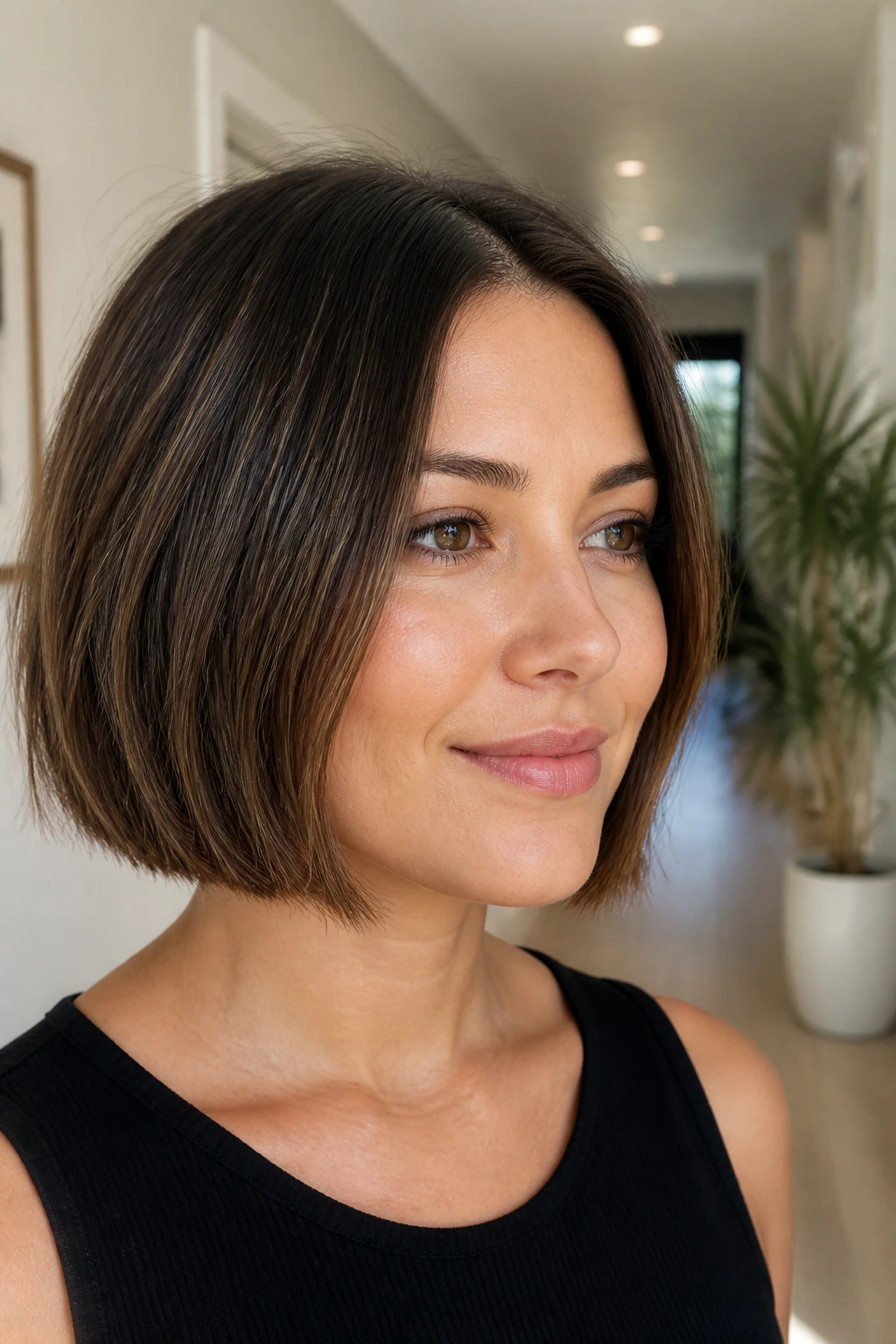 Close-up of Blunt Lob with Hidden Weight Removal on a real person showing a crisp outer line