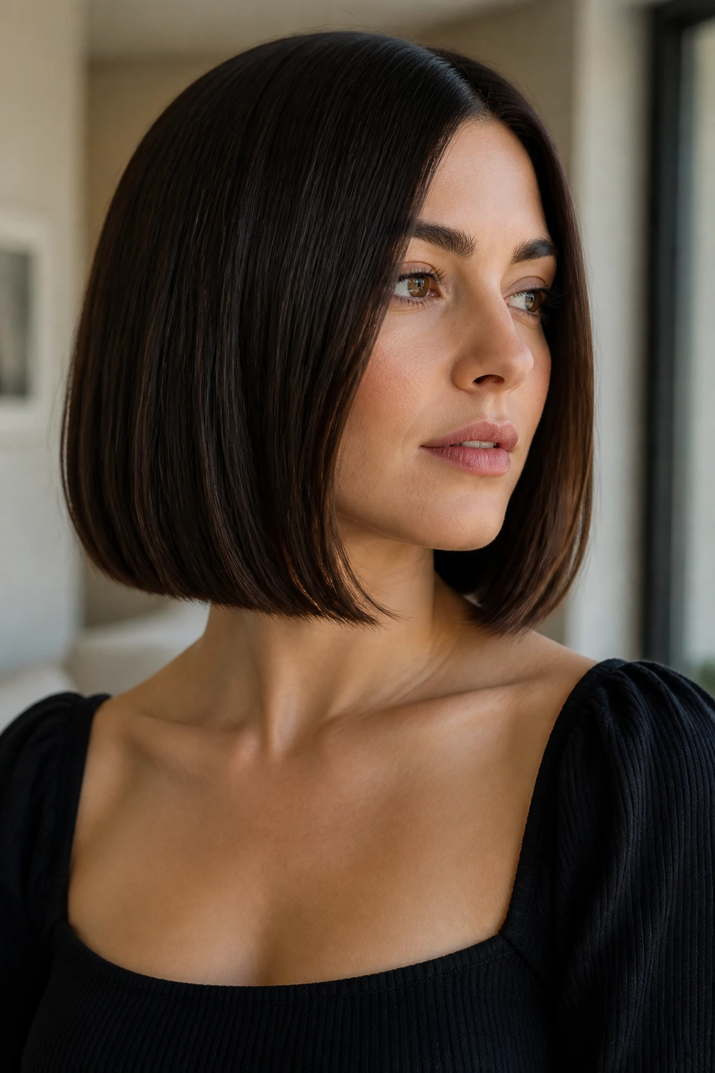 Real person with blunt lob and hidden interior weight removal, soft lighting.