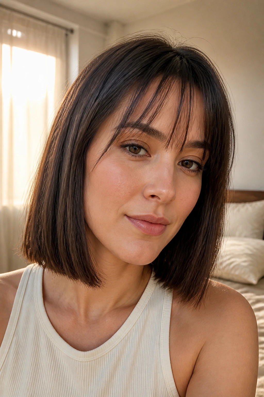 Close-up of a real woman with a blunt lob and wispy fringe in warm sunlight